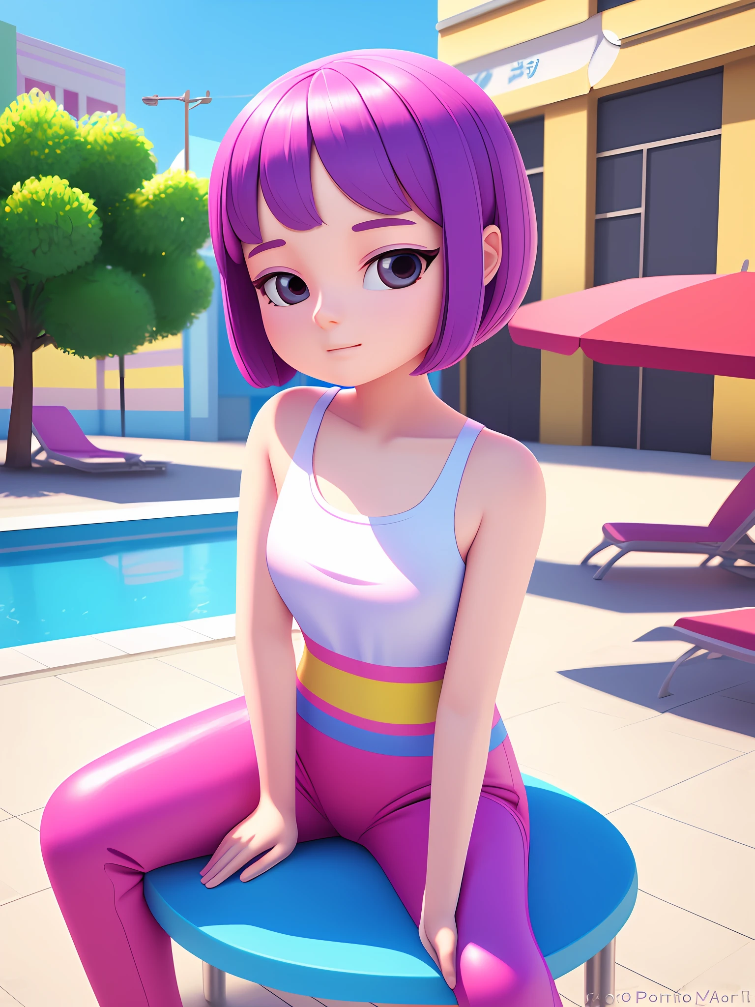 Girl sitting on pool seat, fair skin, delicate face, medium, new pop portrait, fashion illustration, toy core, colorful street scene, realistic, cartoon style rendering, made by Pop Mart: pastel color, blind box toy, fine gloss, clean background, C4D, blender, 3d rendering. Octane rendering.