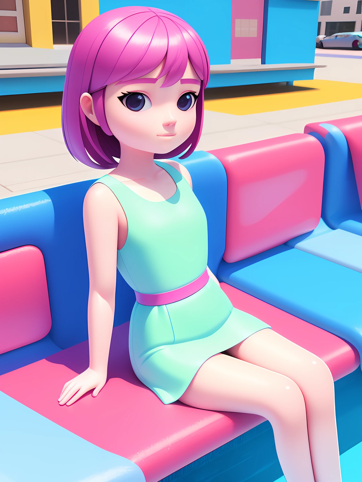 Girl sitting on pool seat, fair skin, delicate face, medium, new pop portrait, fashion illustration, toy core, colorful street scene, realistic, cartoon style rendering, made by Pop Mart: pastel color, blind box toy, fine gloss, clean background, C4D, blender, 3d rendering. Octane rendering.