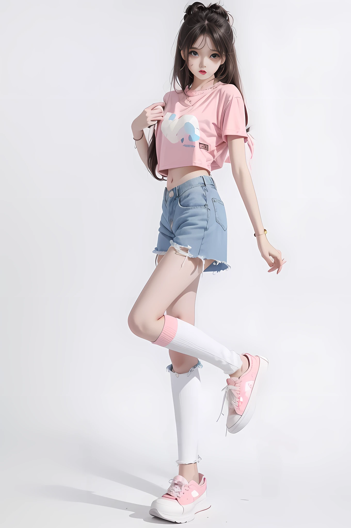 araffe girl in a pink shirt and denim shorts posing for a picture, kawaii shirt and jeans, with ripped crop t - shirt, full body cute young lady, pink clothes, casual clothes, pink pastel, belle delphine, pink girl, she is wearing streetwear, casual clothing, outfit photograph, kawaii style, kawaii aesthetic, pastel clothing, cute casual streetwear