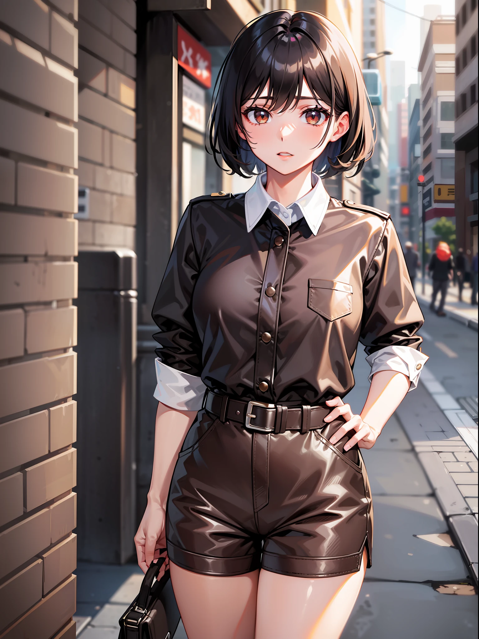 Black hair short, short brown clothes with white collar sleeves, brown shorts, white waist belt, knee high boots, girl, outdoor