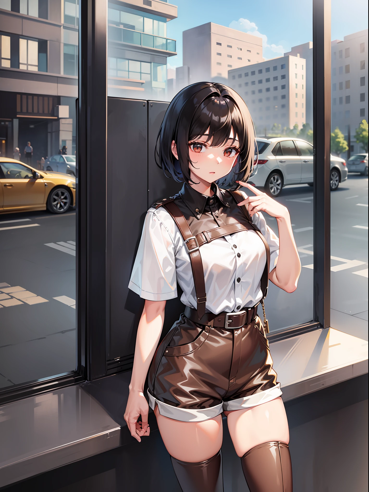 Black hair short, short brown clothes with white collar sleeves, brown shorts, white waist belt, knee high boots, girl, outdoor