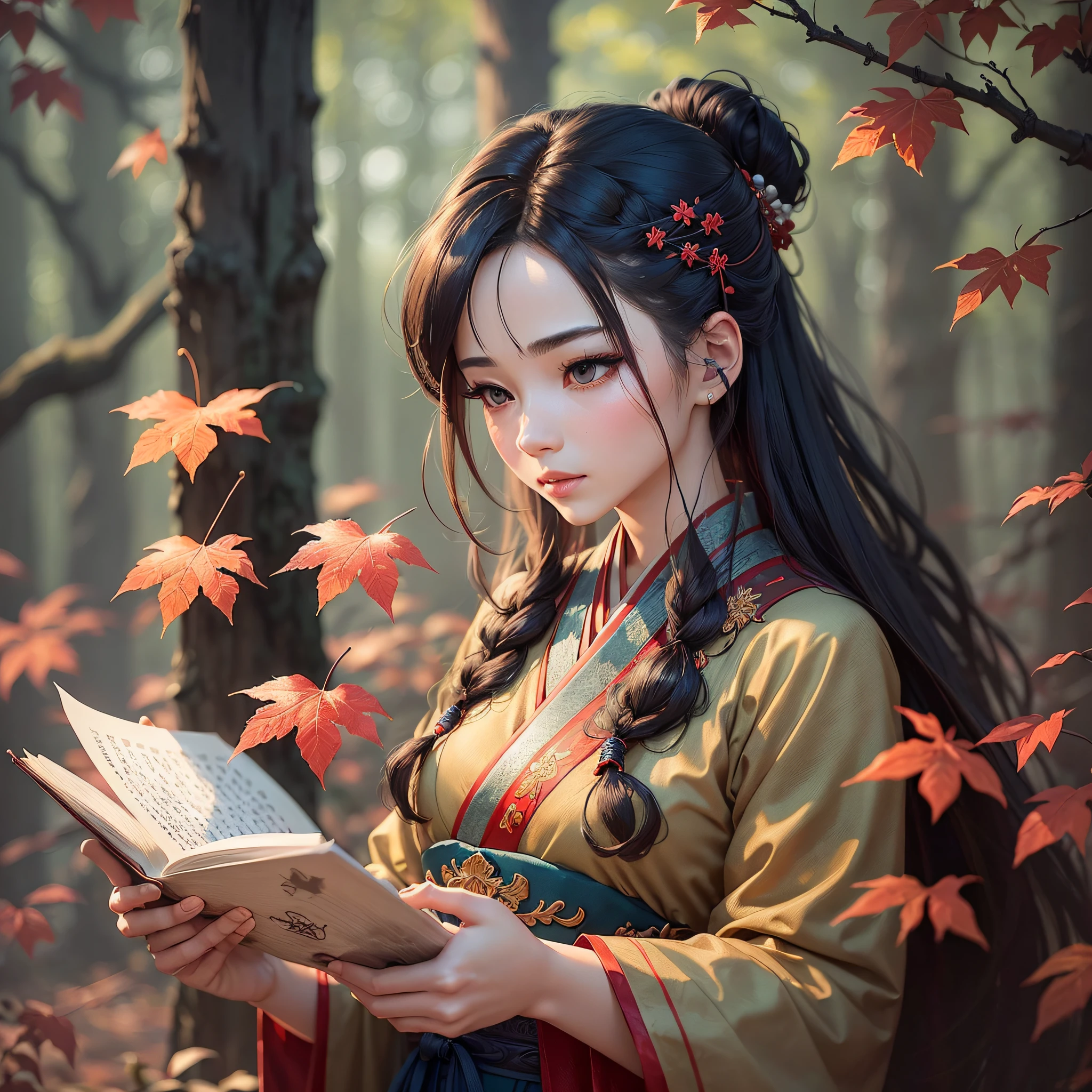 ((sinology, heritage), (calligraphy: 0.8+ antique hairstyle), (elegant Hanfu:1.2), (beauty:1.2), (red maple leaf: 1.3), (book: 1.1 + red ink: 1.2+paper: 0.9), (detailed: 1.2), (forest path, scenery, fog: 1.3, leaves), (lighting: 1.2, mist) --auto --s2