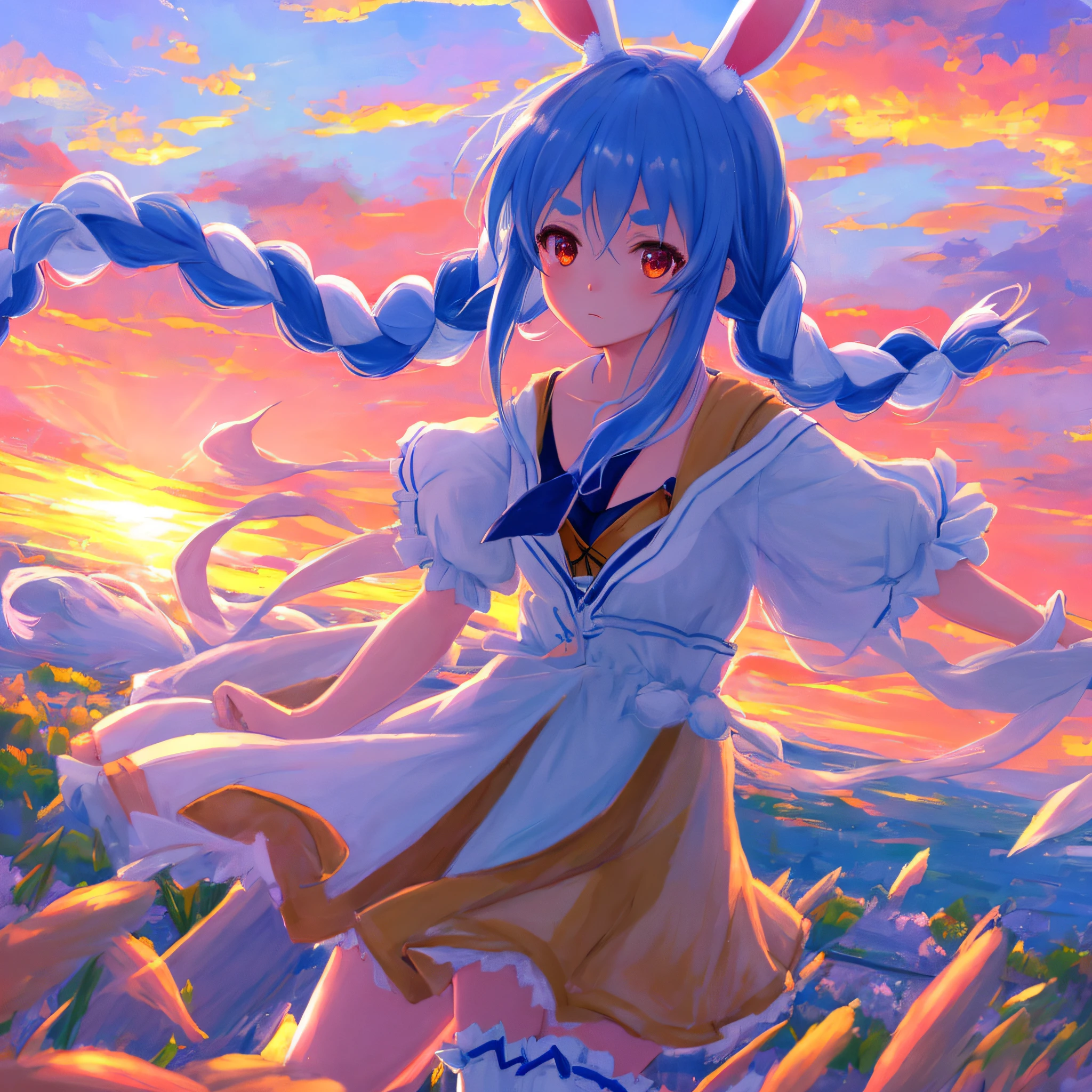 (人物: Usada Pekora), bunny girl, blue hair, twin braids, a girl, solo, blue sky, pink sky, sunrise, person,
dreamlike,
digital painting, best quality, masterpiece, impressionism, vibrant colors, volumetric lighting, soft light, diffused lighting, radiant light rays,