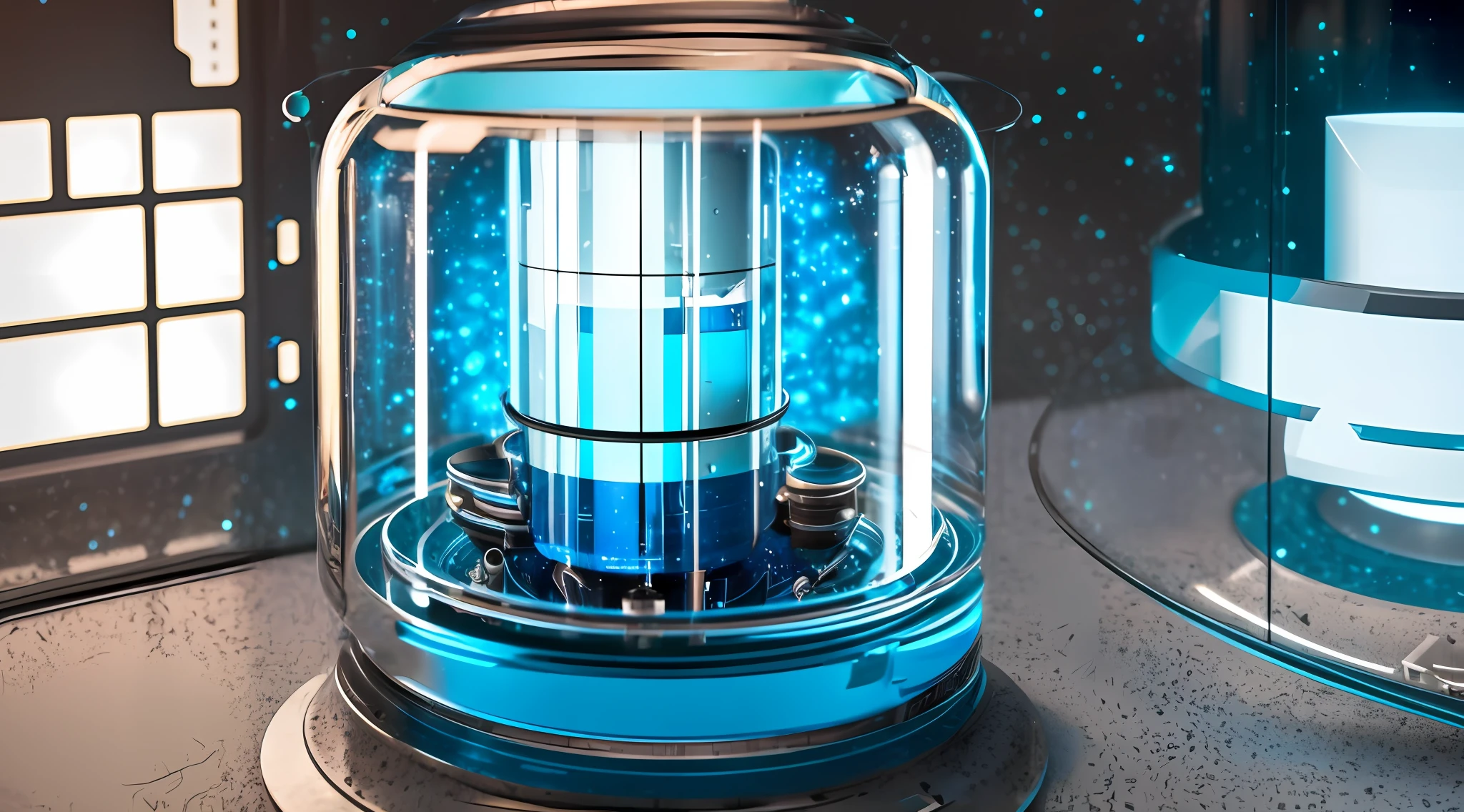 space station, Inside the capsule, corners, Small glass jar device, Vertical glass walls, Connect the device, Connect the pipes, The jar has blue glowing particles, Conceptual art, Futurism, Surrealism, high detail, cinematic lighting, close-up, super detail, UHD