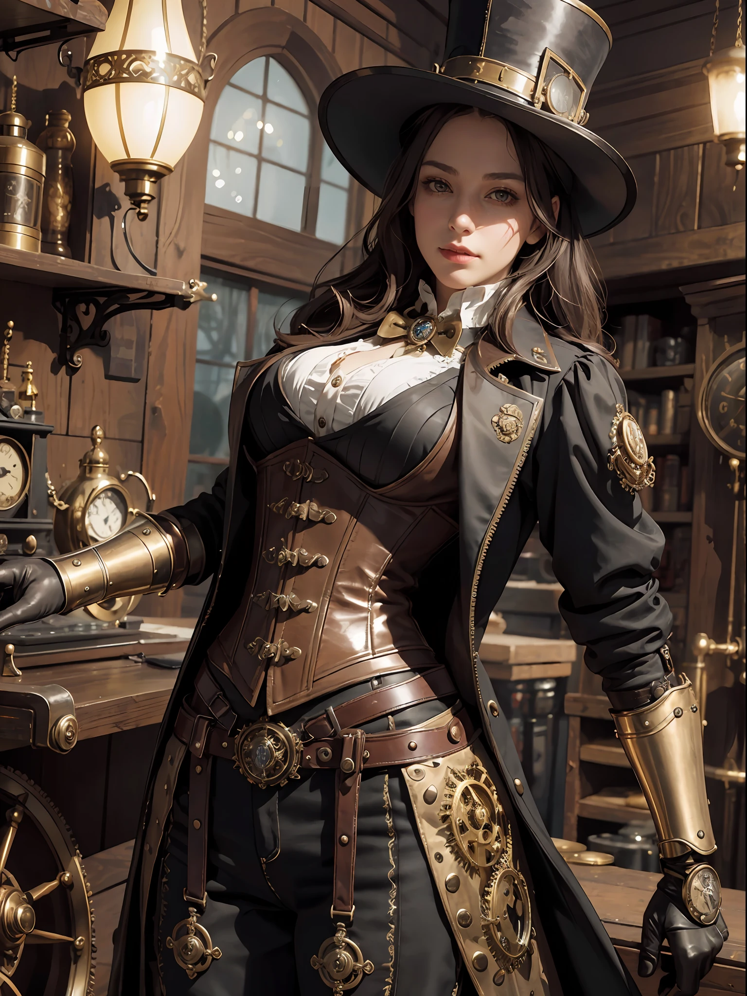 (victorian steampunk theme,victorian steampunk style),extremely detailed, best quality, ultra-realistic,high-resolution, dynamic angle, dynamic pose, (1girl), glass goggles, leather gloves, brass buttons, waistcoat, corset, top hat, mechanical arm, brass watch, intricate clockwork, cogwheels, steam-powered engine, vintage machinery, dirty and worn, sepia tone.