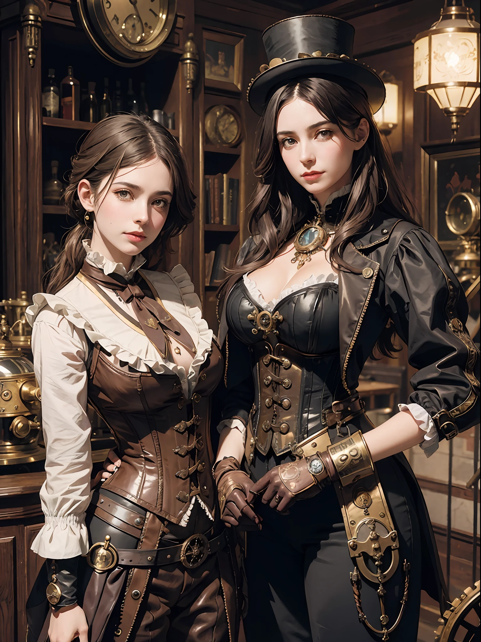 (victorian steampunk theme,victorian steampunk style),extremely detailed, best quality, ultra-realistic,high-resolution, dynamic angle, dynamic pose, (1girl), glass goggles, leather gloves, brass buttons, waistcoat, corset, top hat, mechanical arm, brass watch, intricate clockwork, cogwheels, steam-powered engine, vintage machinery, dirty and worn, sepia tone.