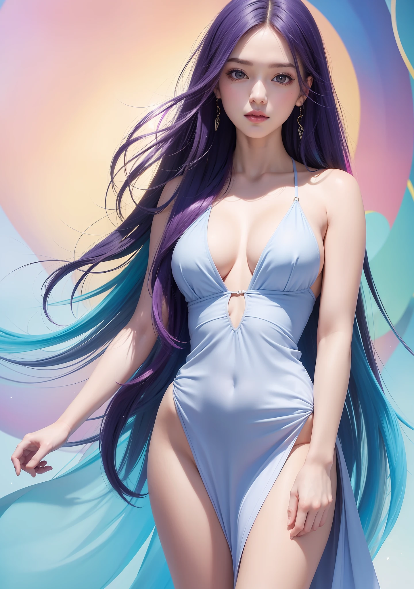 girl with colorful hair and a colorful dress, rossdraws pastel vibrant,beautiful portrait, artgerm colorful!!!, ! dream artgerm, beautiful girl, digital art, art wallpaper 4k, detailed beautiful delicate eyes, a face of perfect proportion, high detailed skin, detailed skin, arms under breast, medium large breasts, wide hips, smooth midriff, skiny and thin, __fashion__, __hair__:1.3),