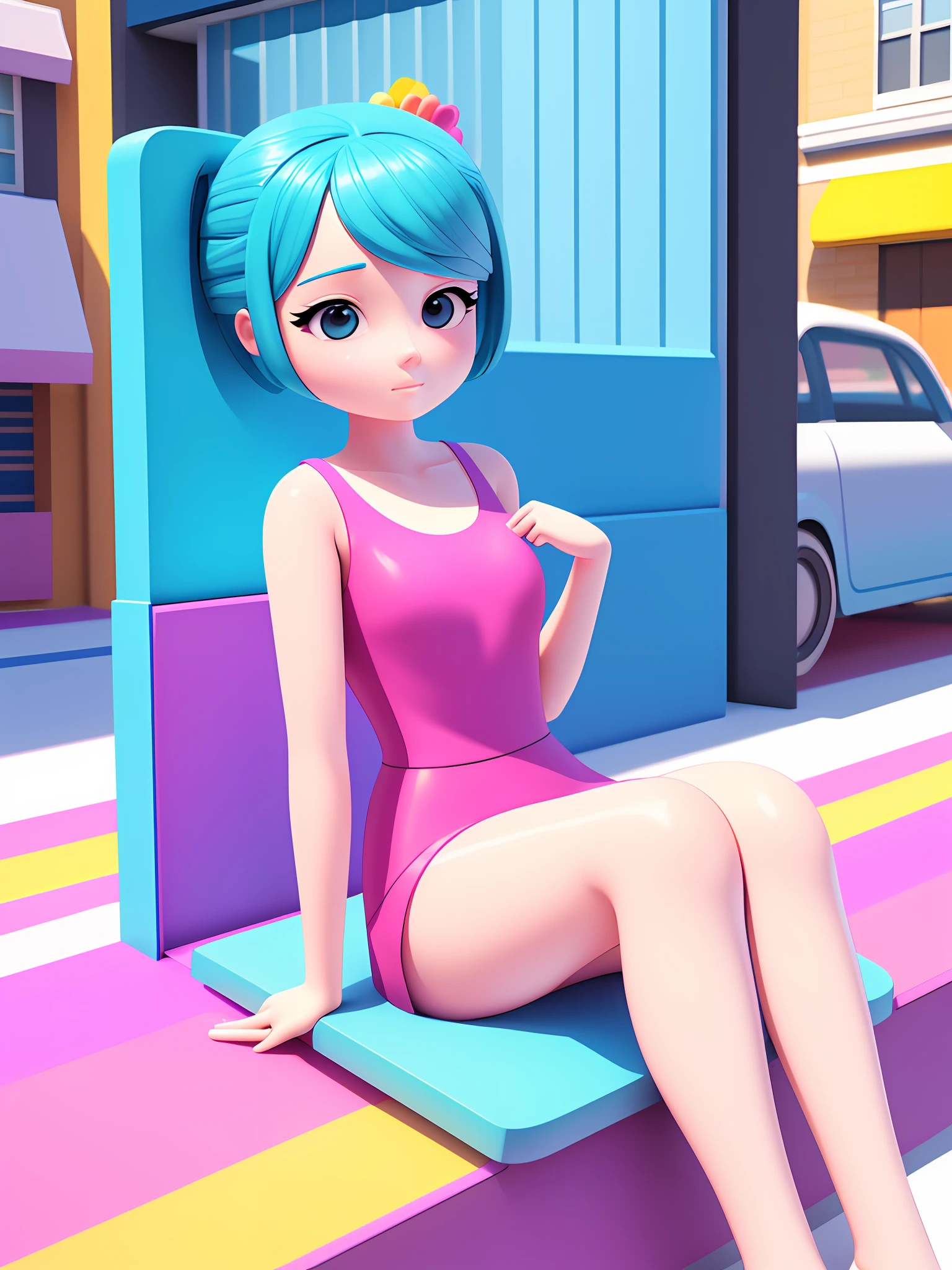 Girl sitting on pool seat, fair skin, delicate face, medium, new pop portrait, fashion illustration, toy core, colorful street scene, realistic, cartoon style rendering, made by Pop Mart: pastel color, blind box toy, fine gloss, clean background, C4D, blender, 3d rendering. Octane rendering.