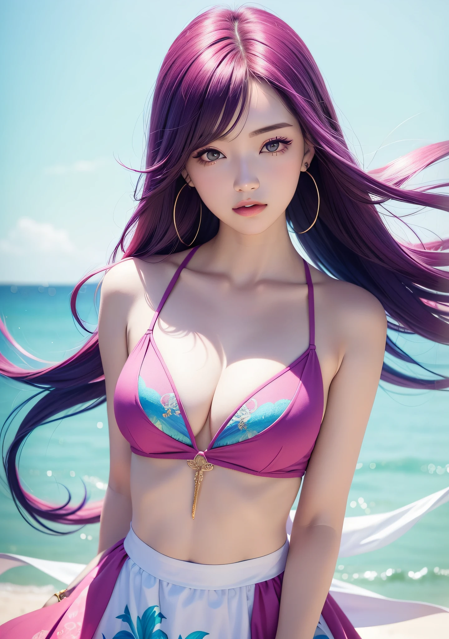 girl with colorful hair and a colorful dress, rossdraws pastel vibrant,beautiful portrait, artgerm colorful!!!, ! dream artgerm, beautiful girl, digital art, art wallpaper 4k, detailed beautiful delicate eyes, a face of perfect proportion, high detailed skin, detailed skin, arms under breast, medium large breasts, wide hips, smooth midriff, skiny and thin, __fashion__, __hair__:1.3),