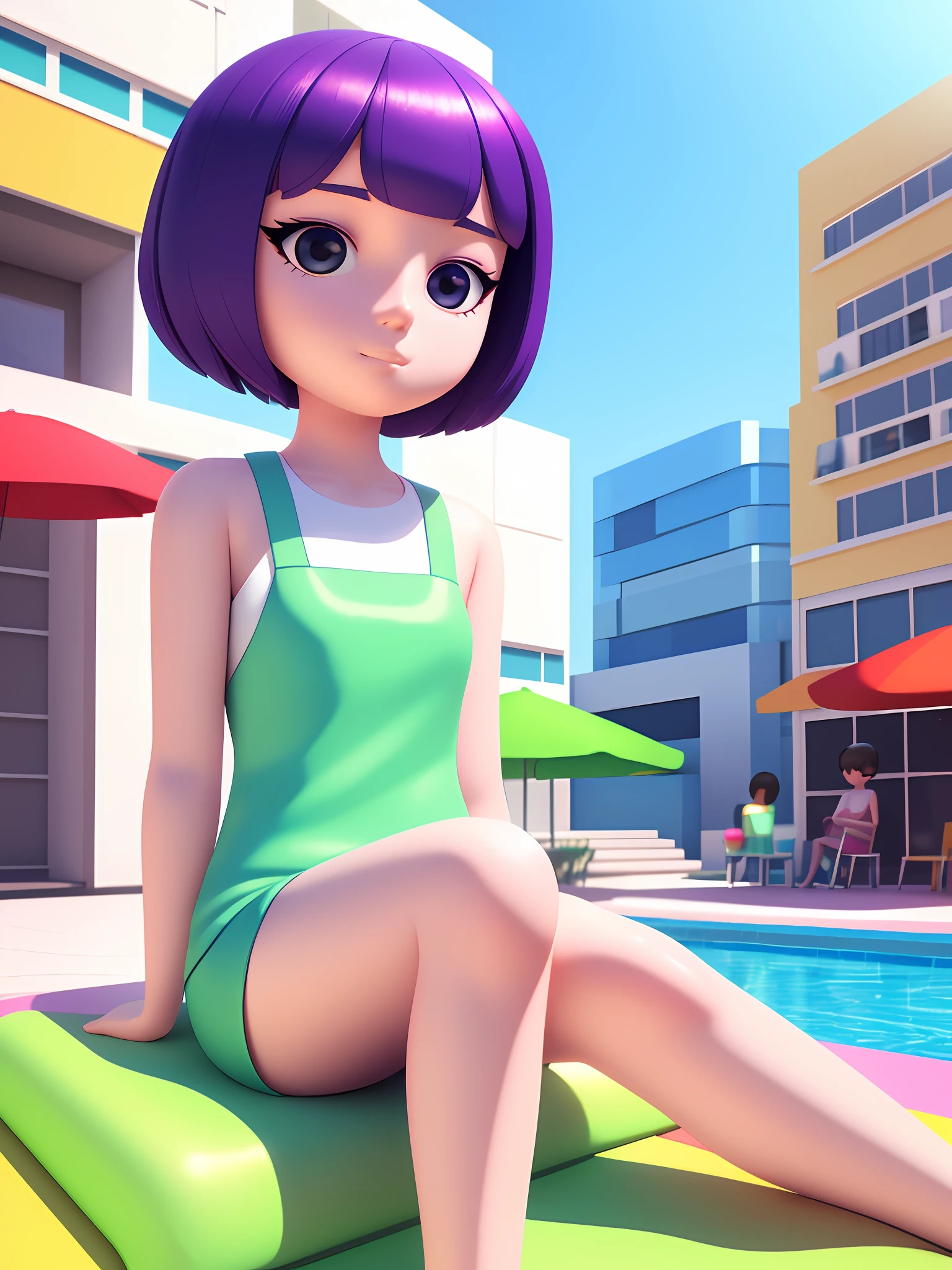 Girl sitting on pool seat, fair skin, delicate face, medium, new pop portrait, fashion illustration, toy core, colorful street scene, realistic, cartoon style rendering, made by Pop Mart: pastel color, blind box toy, fine gloss, clean background, C4D, blender, 3d rendering. Octane rendering.