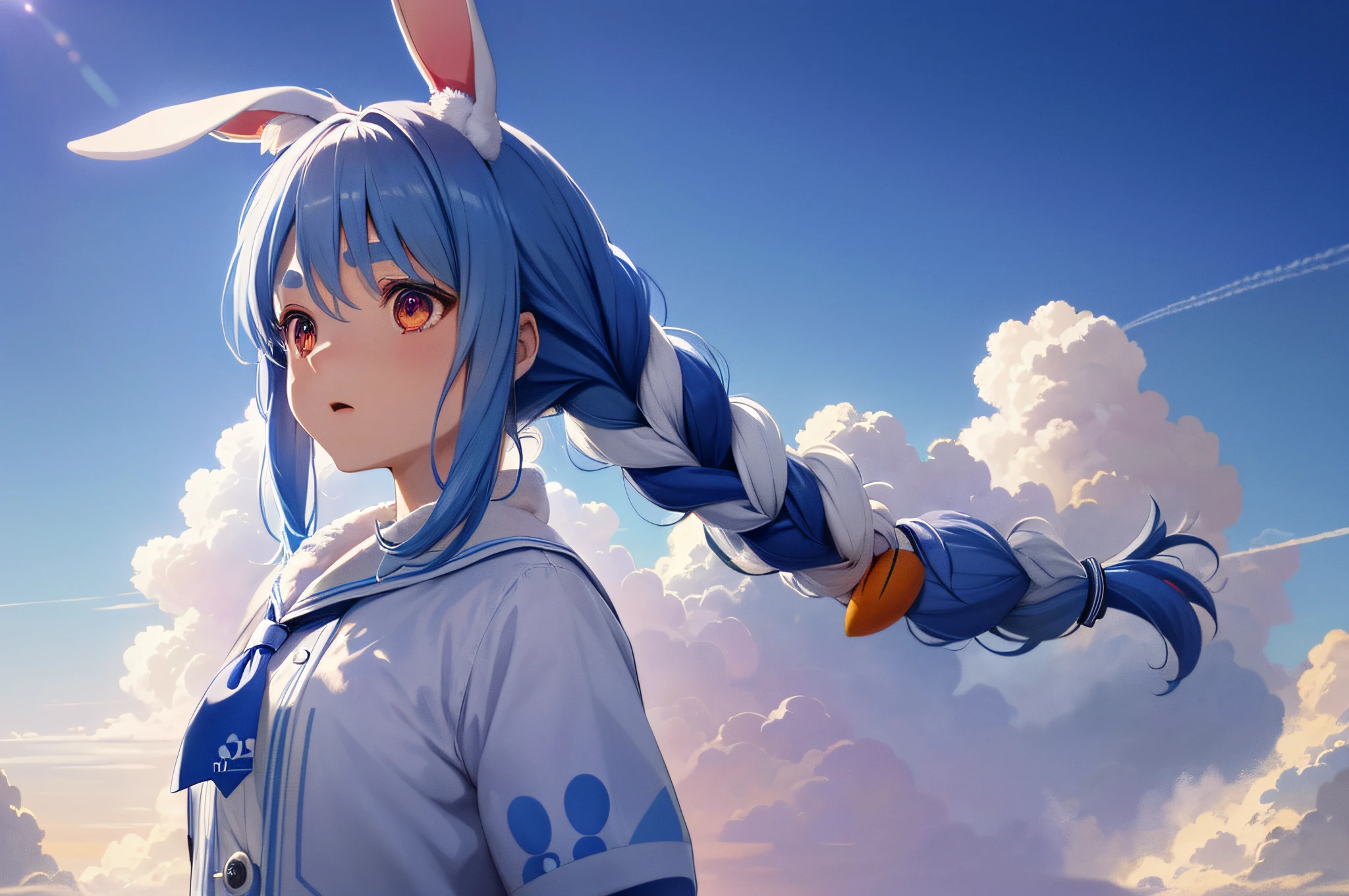 (人物: Usada Pekora), bunny girl, blue hair, twin braids, a girl, solo, absurdres, highres, (official art, beautiful and aesthetic:1.2), close view,
shining sky, vast world, girl, gazing, awe-inspiring expression, distant horizon, clouds, high hill, natural beauty, inspiration, light effects,