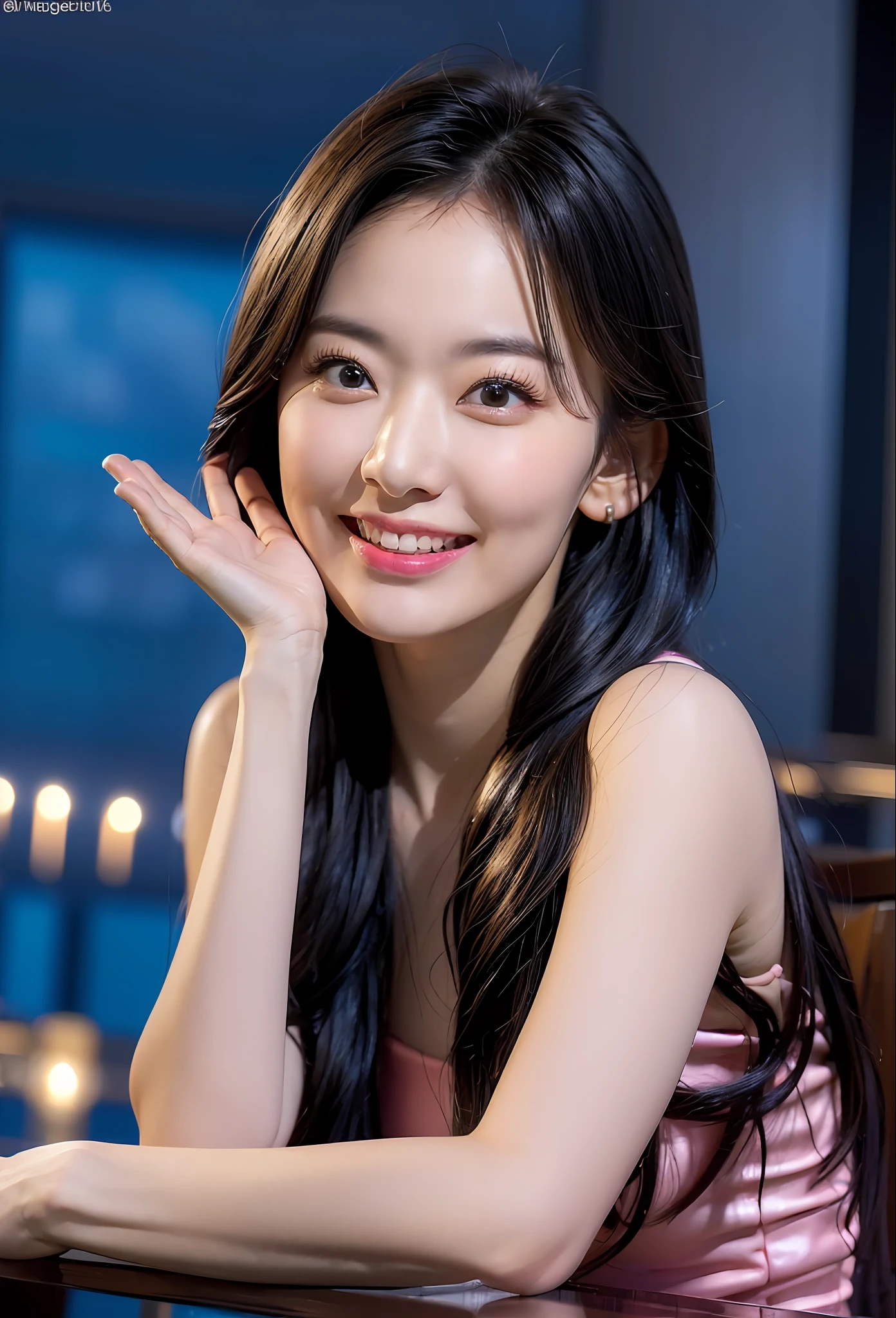 (8k, top quality, masterpiece: 1.2), (realistic, photorealistic: 1.37), super detailed, girl single, cute, solo, midnight, beautiful detailed sky, detailed café, sitting, date, (blush), (smile: 1.15), small breasts (mouth closed), beautiful fine eyes, floating hair NovaFrogStyle, back open dress