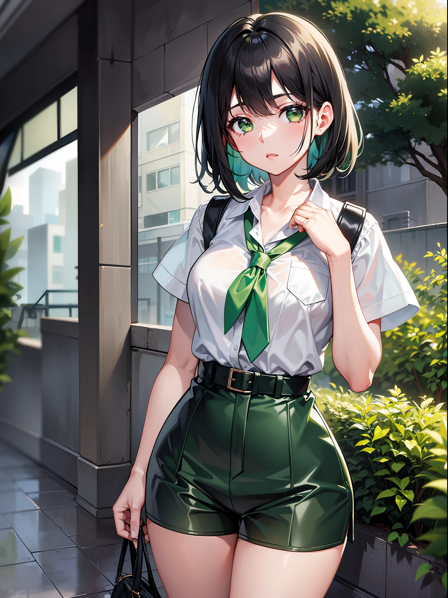 Black hair short, short green clothes with white collar sleeves, green shorts, white waist belt, white shoes, girl, outdoor