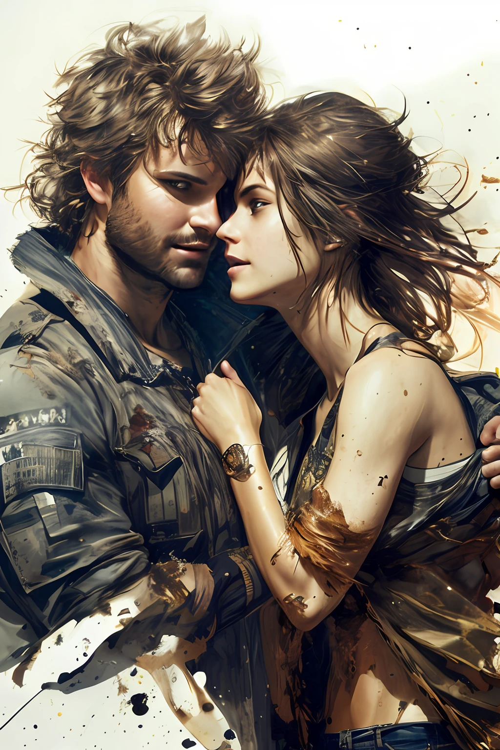 A young man in a black sweatshirt embraces a girl with brown hair. in draw