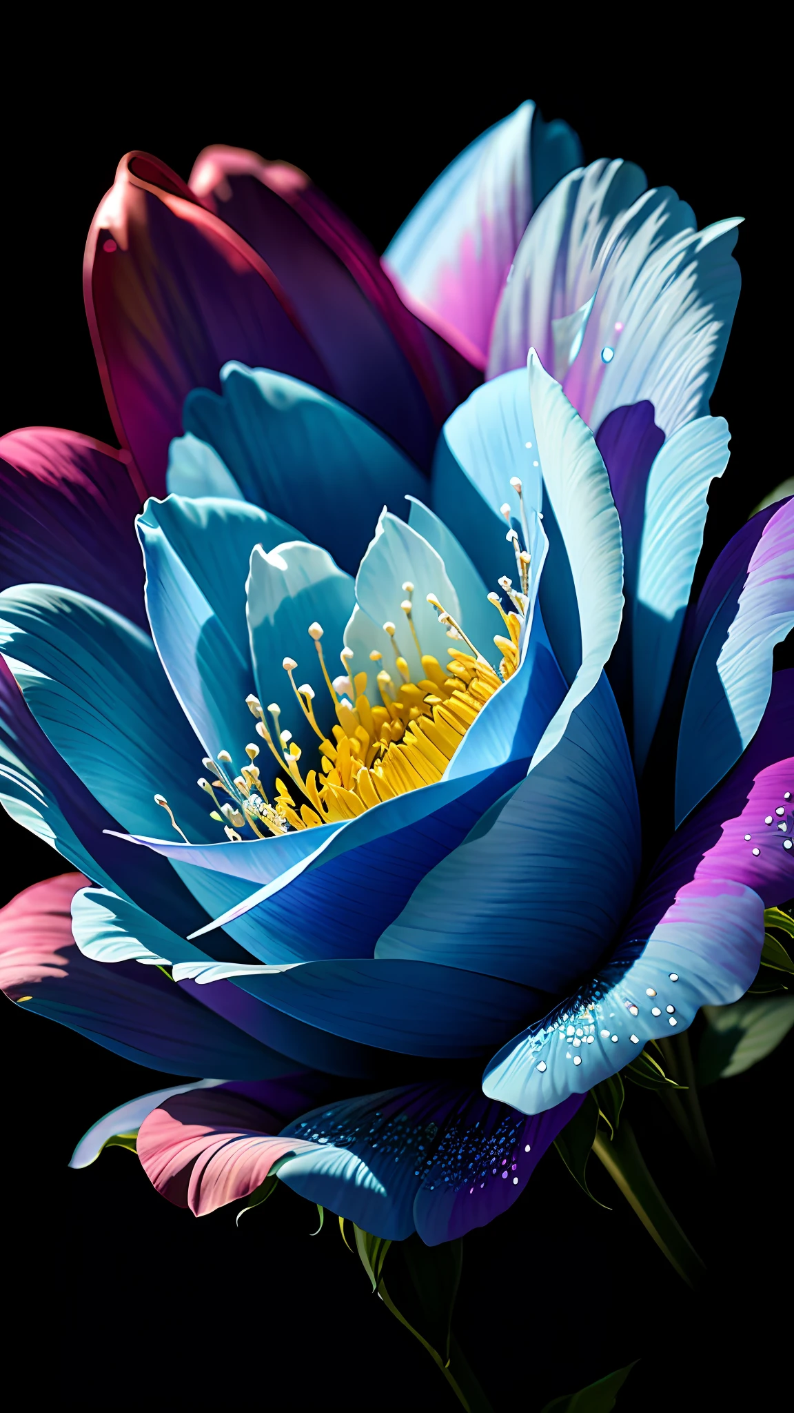 Rose in the flowers, blue, ultra-transparent, holy light, beautiful spectral light, petals glow, water droplets on petals, shimmering, sunlight background, dripping transparent, reflected light, bright, light inflow, optics, profile portrait, sharp focus, magic, intricate, surreal, fantasy, composition, light, art station trend, pearl, silver vapor patron cloud, corrosive surround ray family, 8K, Magic Air 23v4 on the light