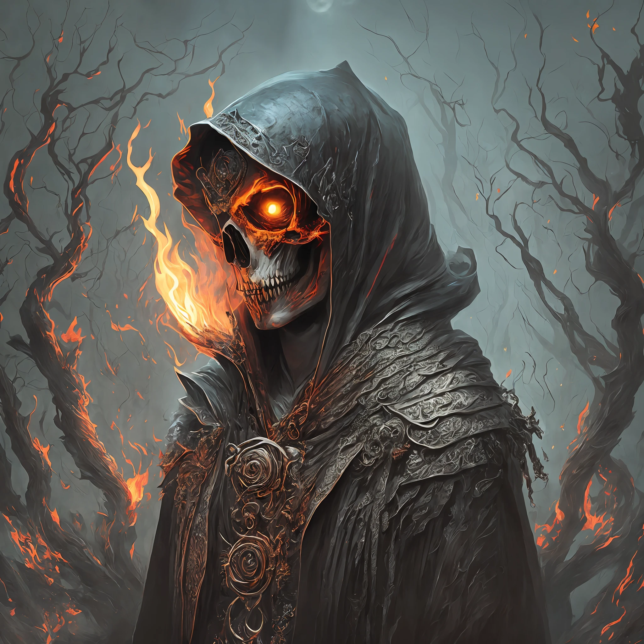there is a man with a skull and a snake around his neck, a hooded cloak on his head, radiating dense flames, all over his body, horror fantasy art, dark, detailed 4k horror art, elegant horror art, macabre art, macabre art dug stanat, horrible digital art, in great style of dark fantasy art, dark but detailed digital art, dark fantasy art, horror concept art --auto --s2