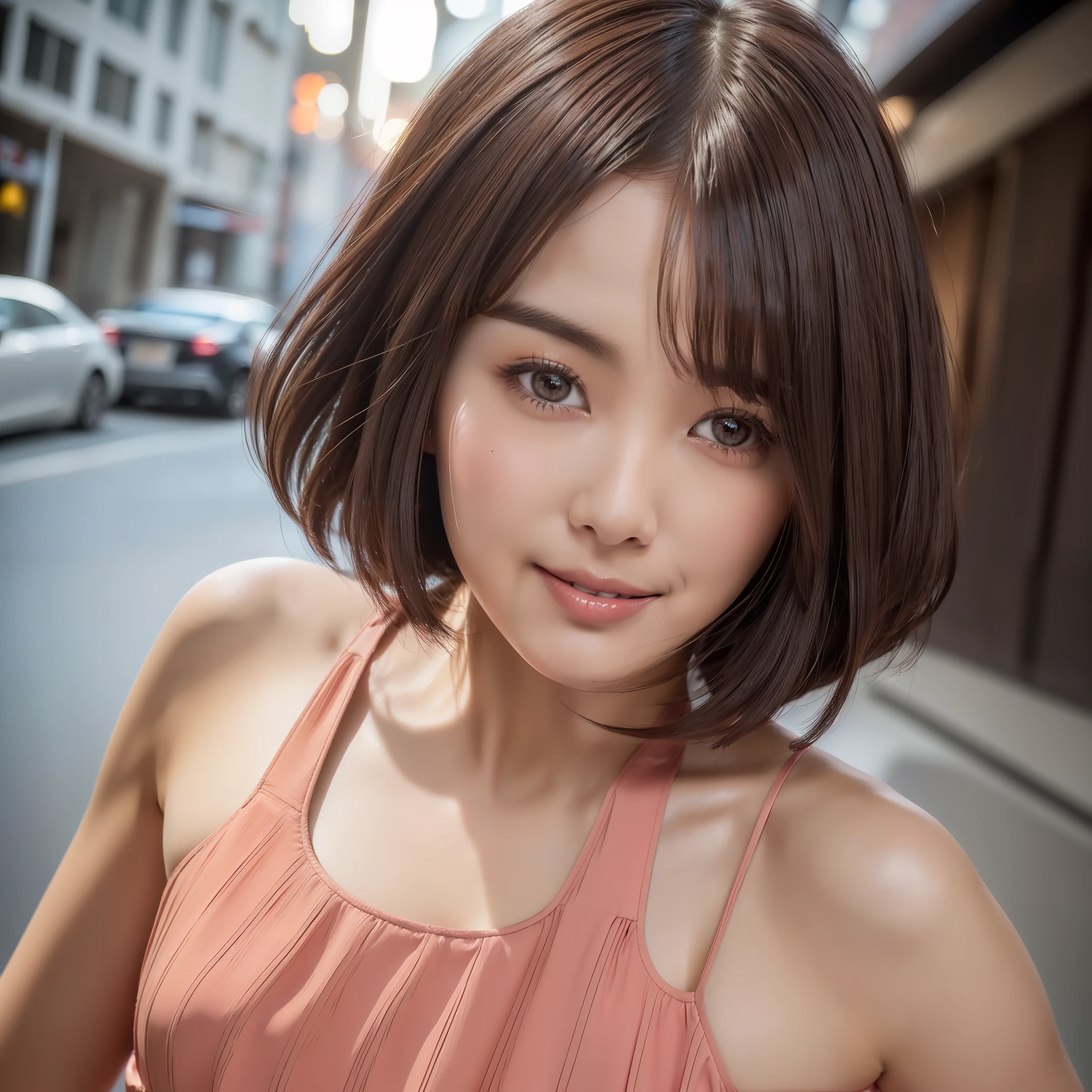 ((8K, HDR, Best Quality, Masterpiece: 1.3, Hi-Res)), ((Photography, RAW Photography, Hyper-Realism, Ultra High Definition)))), (Pin Light, Backlight, Cinematic Light), Sharp Focus: 1.4, Fine Detail, Sharp Focus: 1.2, Beautiful Woman in Perfect Style: 1.4, Slender Abs: 1.2, ((Dark Brown Bob Cut, Small: 1.2)), Smiled Smile, (Coral Pink Dress: 1.1), Street: 1.2, Highly Detailed Face and Skin Texture, Detailed Eyes, Double Eyelids