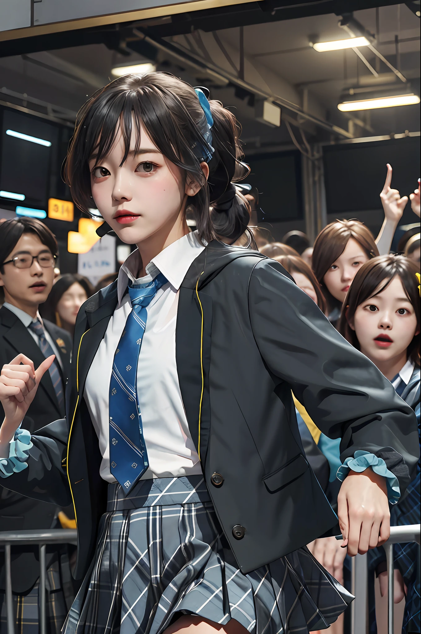 masterpiece, best quality, highres, 1girl, ray1, solo, hood_jacket, blue necktie, wrist scrunchie, black jacket, school uniform, long sleeves, plaid skirt, polka_dot jacket, party, indoors, dancing, (crowd:1.1)