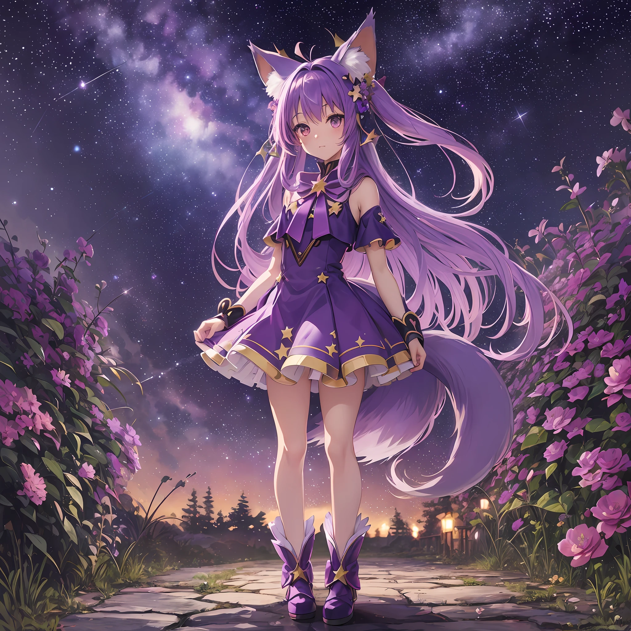 Fox ears, fox tail, purple hair, ((fantasy)), magical girl, standing picture, standing figure, li, pee, (((starry sky)), flower garden, night, milky way, moon, ((full body)), ((masterpiece)), (((anime))