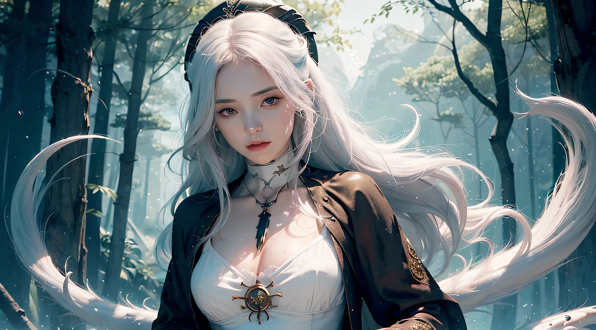 (1girl:1.3), solo, __Body parts__, official art, unified 8k wallpapers, super detailed, beauty and aesthetics, beauty, masterpiece, best quality, fantastic atmosphere, calm color palette, serene mood, soft shadows, witch priestess, charismatic spells, amulet, witch duty, daji. Nine-tailed, vixen, pure desire, white hair