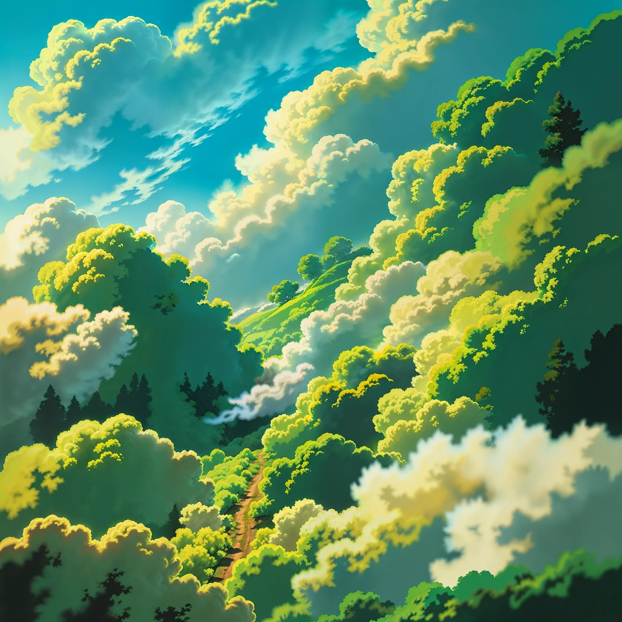 anime land, high clouds, perspective from above, green and yellow grass all over the land