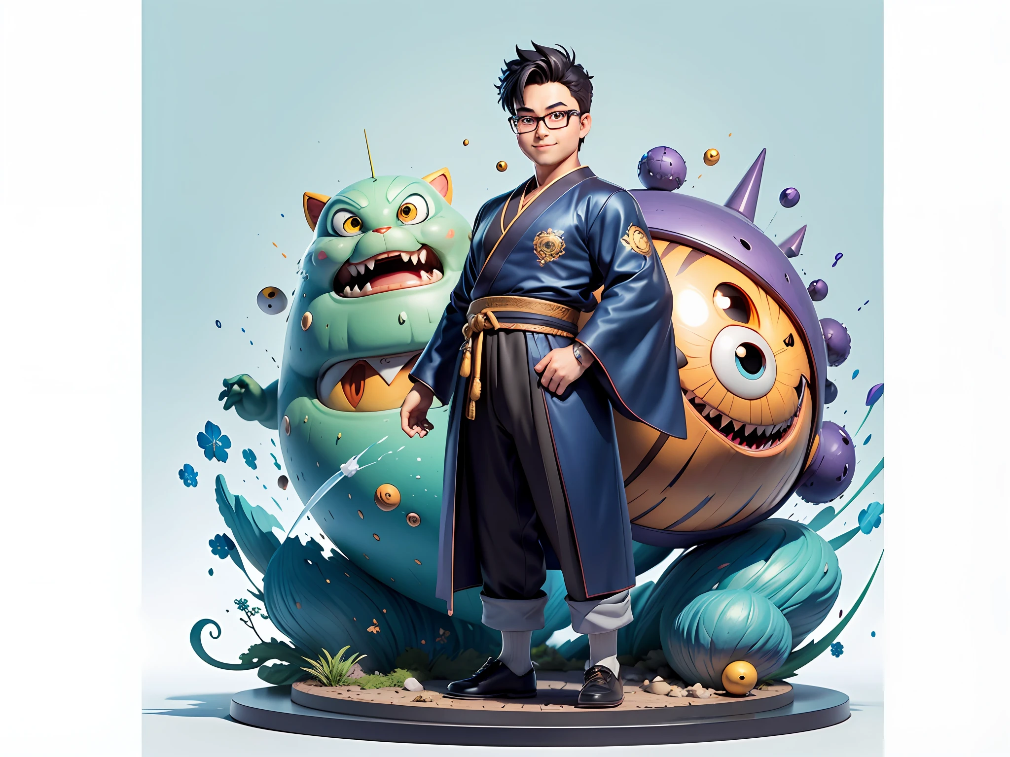 (Masterpiece), (Excellent), (Super Meticulous), (Full Body: 1.2), Super Young Man, Oriental Face, Japanese Kimono, Japanese Wind Thunder God, Dragon, Tiger, TV Anchor, Bust Portrait Illustration, Alone, Black Suit, Blue Tie, Slightly Chubby Face, Silver Glasses, Very Clean Face, No Beard, Black Super Short Hair, Black Eyes, Confident Smile, 3c Computer Sub-Products, iPad, iPhone, Digital Painting, 3D Character Design by Akira Toriyama and Mark Claireden and Pixar and Hayao Miyazaki, The illustration is a high-definition illustration in 4K resolution with very detailed facial features and cartoon-style visuals.