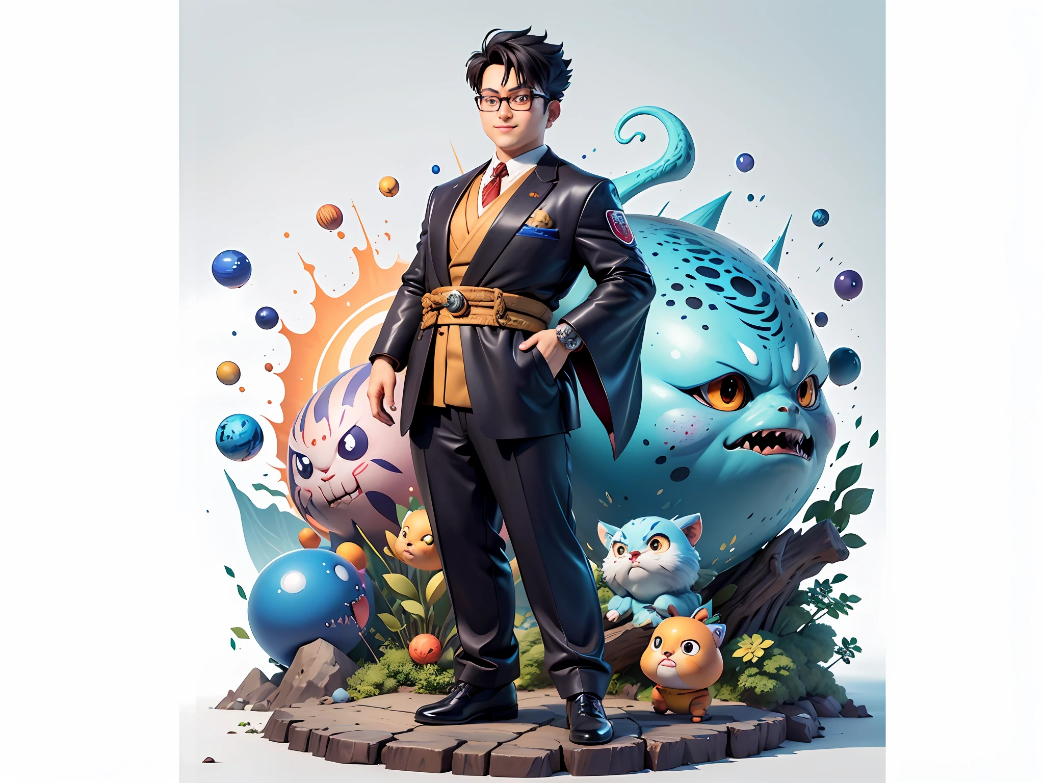(Masterpiece), (Excellent), (Super Meticulous), (Full Body: 1.2), Super Young Man, Oriental Face, Japanese Kimono, Japanese Wind Thunder God, Dragon, Tiger, TV Anchor, Bust Portrait Illustration, Alone, Black Suit, Blue Tie, Slightly Chubby Face, Silver Glasses, Very Clean Face, No Beard, Black Super Short Hair, Black Eyes, Confident Smile, 3c Computer Sub-Products, iPad, iPhone, Digital Painting, 3D Character Design by Akira Toriyama and Mark Claireden and Pixar and Hayao Miyazaki, The illustration is a high-definition illustration in 4K resolution with very detailed facial features and cartoon-style visuals.