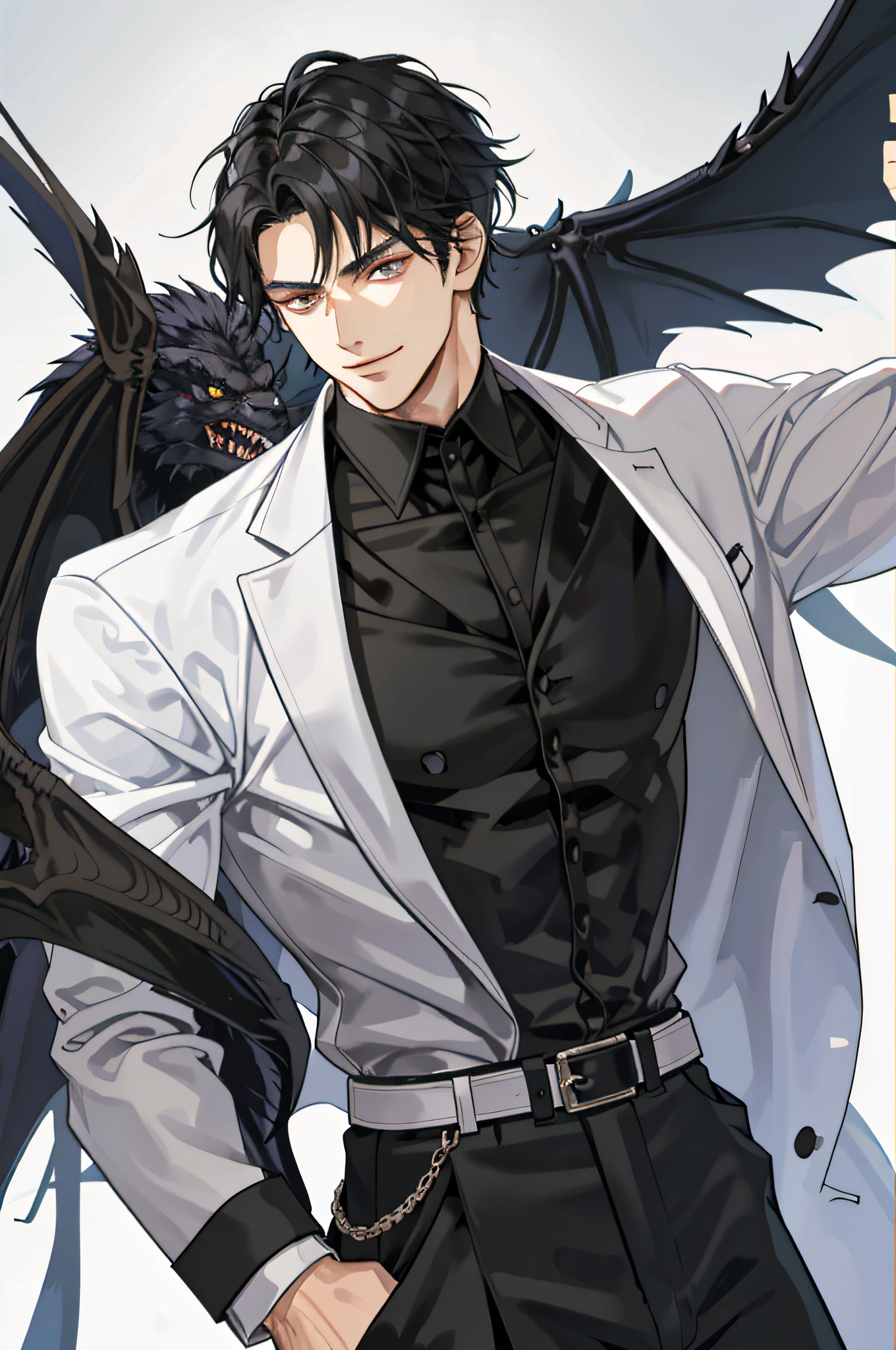 Black hair man eyes of contempt evil smile black aura wrapped around his back high masculine beauty formal muscular body dragons and portals in the background