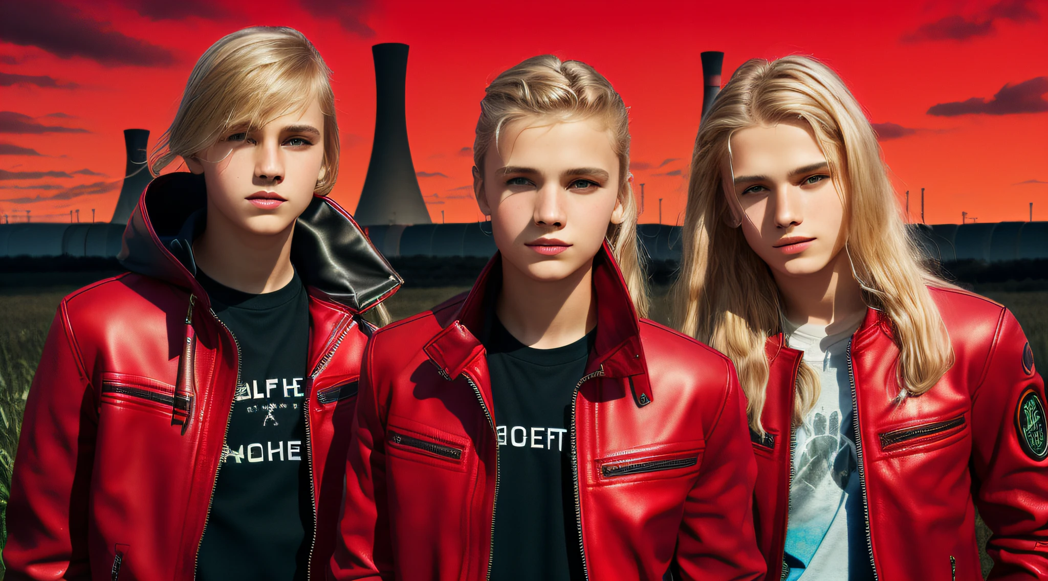 14-YEAR-OLD BOYS, PORTRAIT, WITH LONG BLOND HAIR, WITH RED LEATHER JACKETS AND BLACK CLOTHING, nuclear power plant with radioactive barrels in a field, nuclear wasteland, nuclear waste, post-nuclear fallout, future of nuclear energy, nuclear fallout, radioactive wasteland, nuclear power, nuclear power, nuclear reactor, nuclear aftermath, post-nuclear, nuclear power plant, nuclear, radioactive particles, nuclear art, toxic waste, polluted, radioactive peak field, pollution, RED BACKGROUND.