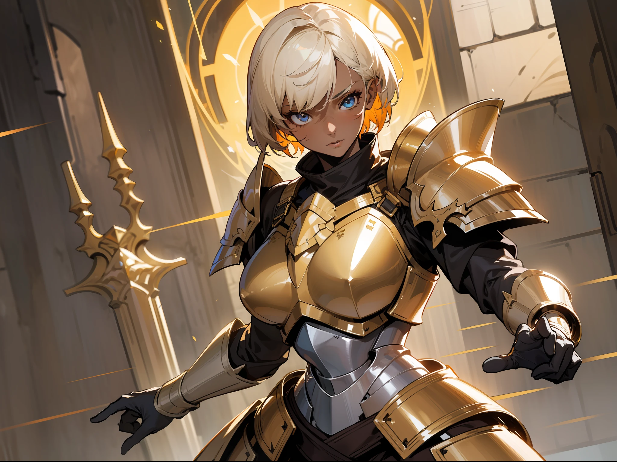 masterpiece, best quality, mature woman, light beige short hair, dark skin, light eyes, horizontal scar on nose, paladin, orange golden heavy armor, breastplate, large shoulder pads, fantasy, medieval, in a battle arena, dynamic pose, beautiful detailed glow.