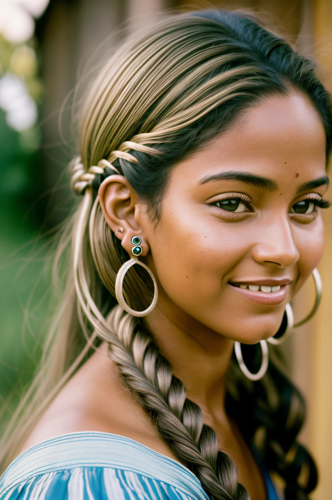 hyper realistic photograph, portrait of a beautiful happy southamerican woman, big silver earings, tied hair, summer :: film grain, Kodak portra 800, f1.8, golden hour --ar 2:3 --beta --upbeta
