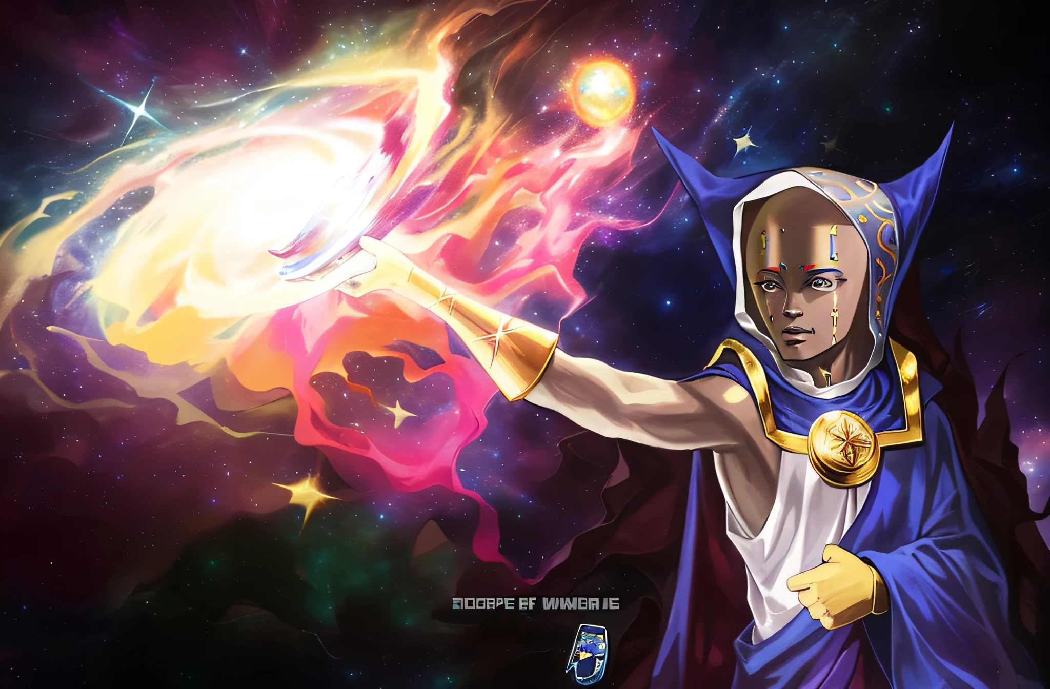 Image of a man in a hooded cape and outfit pointing to a galaxy, Emperor of the known universe, Snoop Dogg as The Watcher, a Marvel Comics character, Uatu holding the universe, strange portrait with galaxy, Snoop Dogg as Doctor Strange, as Uatu Joe Biden as a Jojo character, Alexis Ohanian as a wizard, god of time and space,   Portrait of a Cosmic God