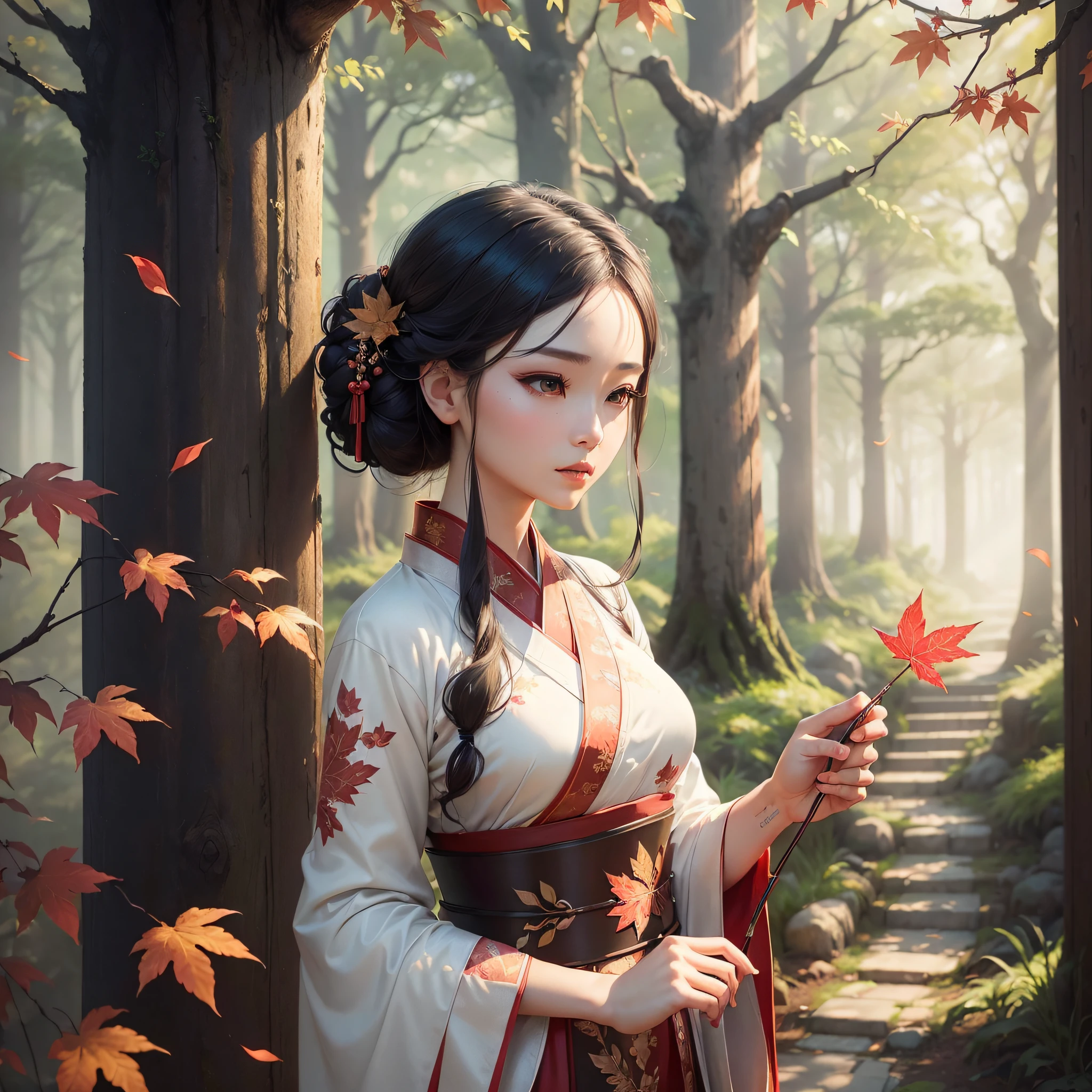 ((sinology, heritage), (calligraphy: 0.8+ antique hairstyle), (elegant Hanfu:1.2), (beauty:1.2), (red maple leaf: 1.3), (book: 1.1 + red ink: 1.2+paper: 0.9), (detailed: 1.2), (forest path, scenery, fog: 1.3, leaves), (lighting: 1.2, mist) --auto --s2