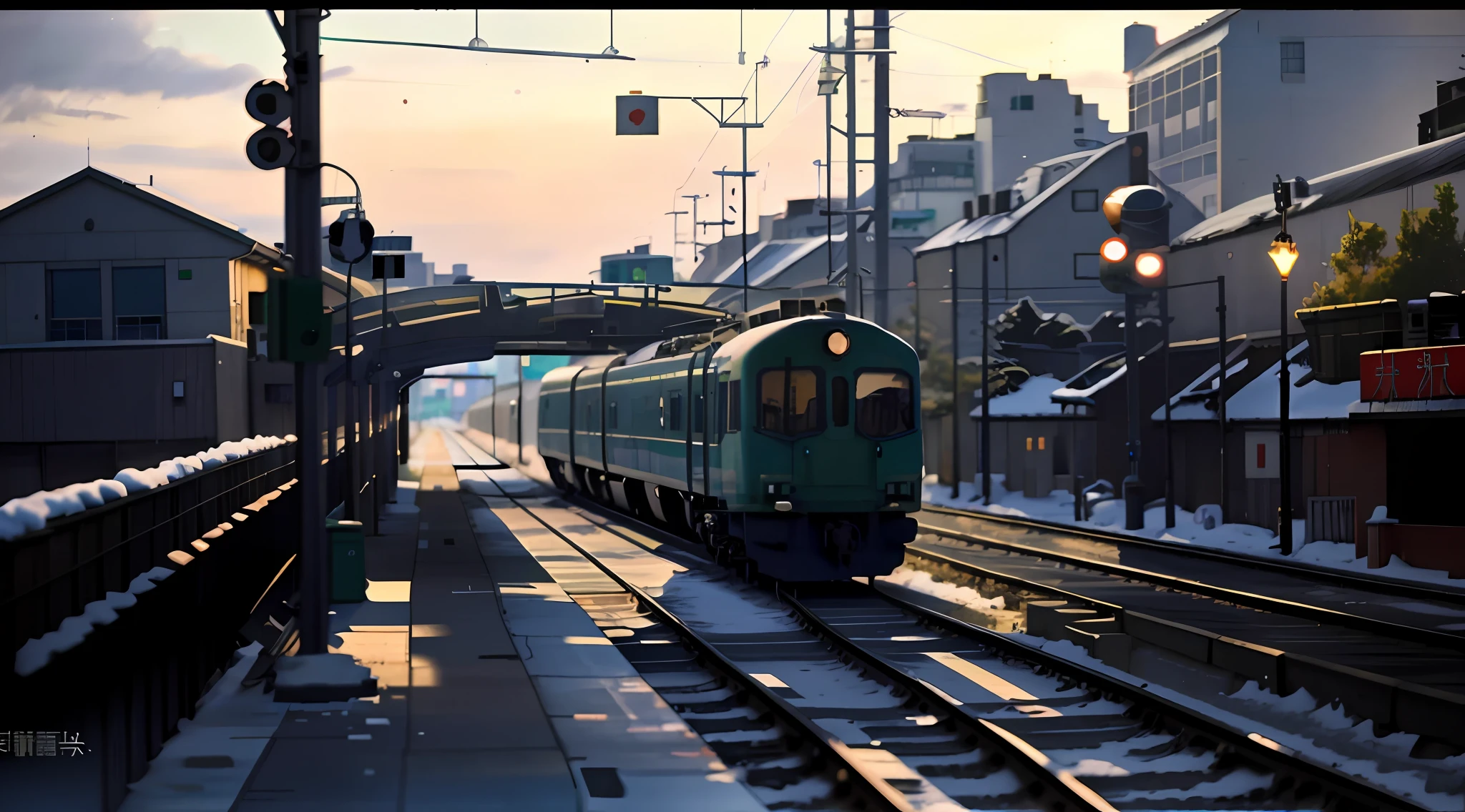 There is a train running along the tracks in the snow, and the sky is pure green Makoto Shinkai style, made by the anime artist studio, drawn in the anime artist studio, octane rendered. By Shinkai Makoto, train station background, Shinkai Makoto style, snow. Author: Makoto Shinkai, realistic anime 3D style