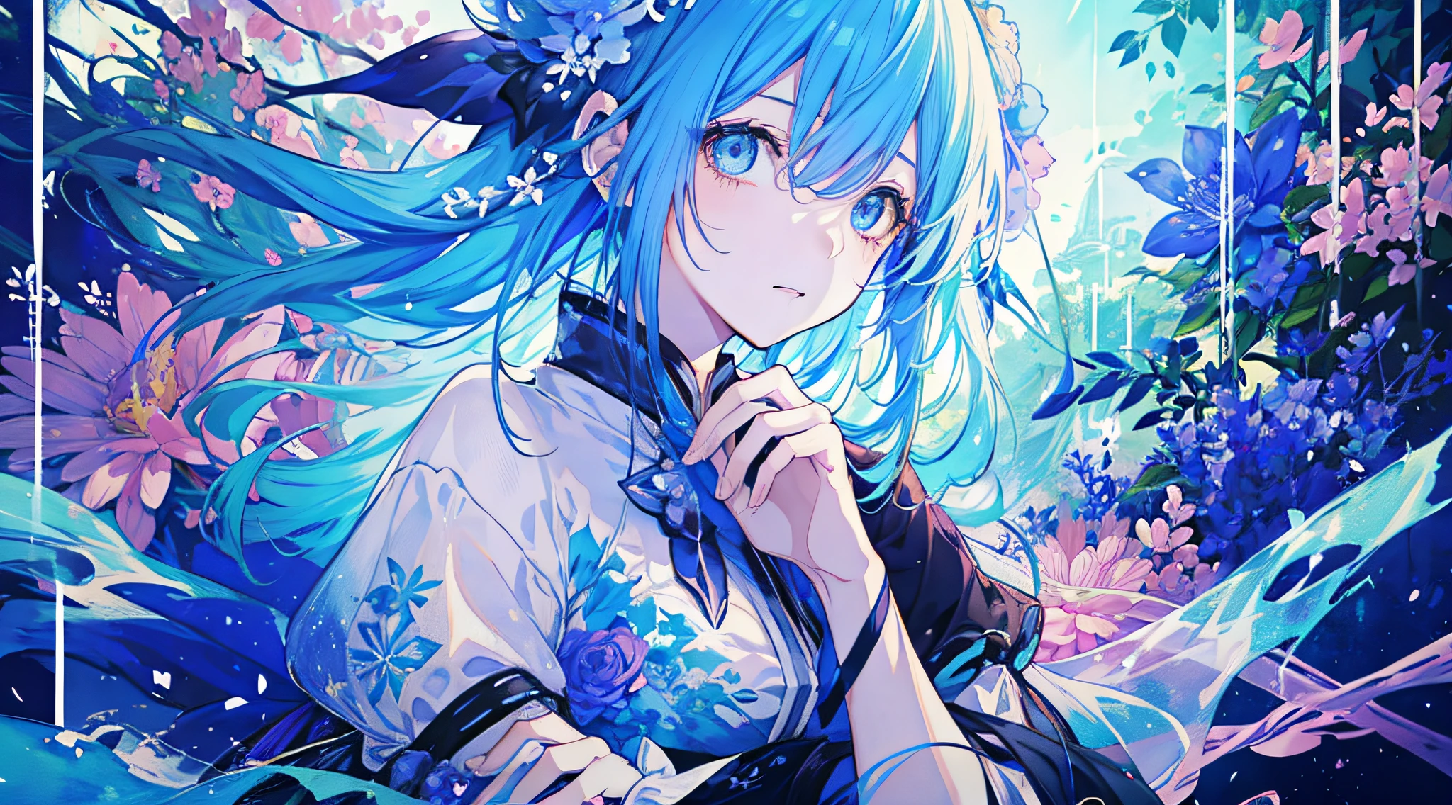 Anime girl with blue hair and hair flowers, beautiful fantasy anime, beautiful anime art with frozen flowers around, beautiful artwork illustration,