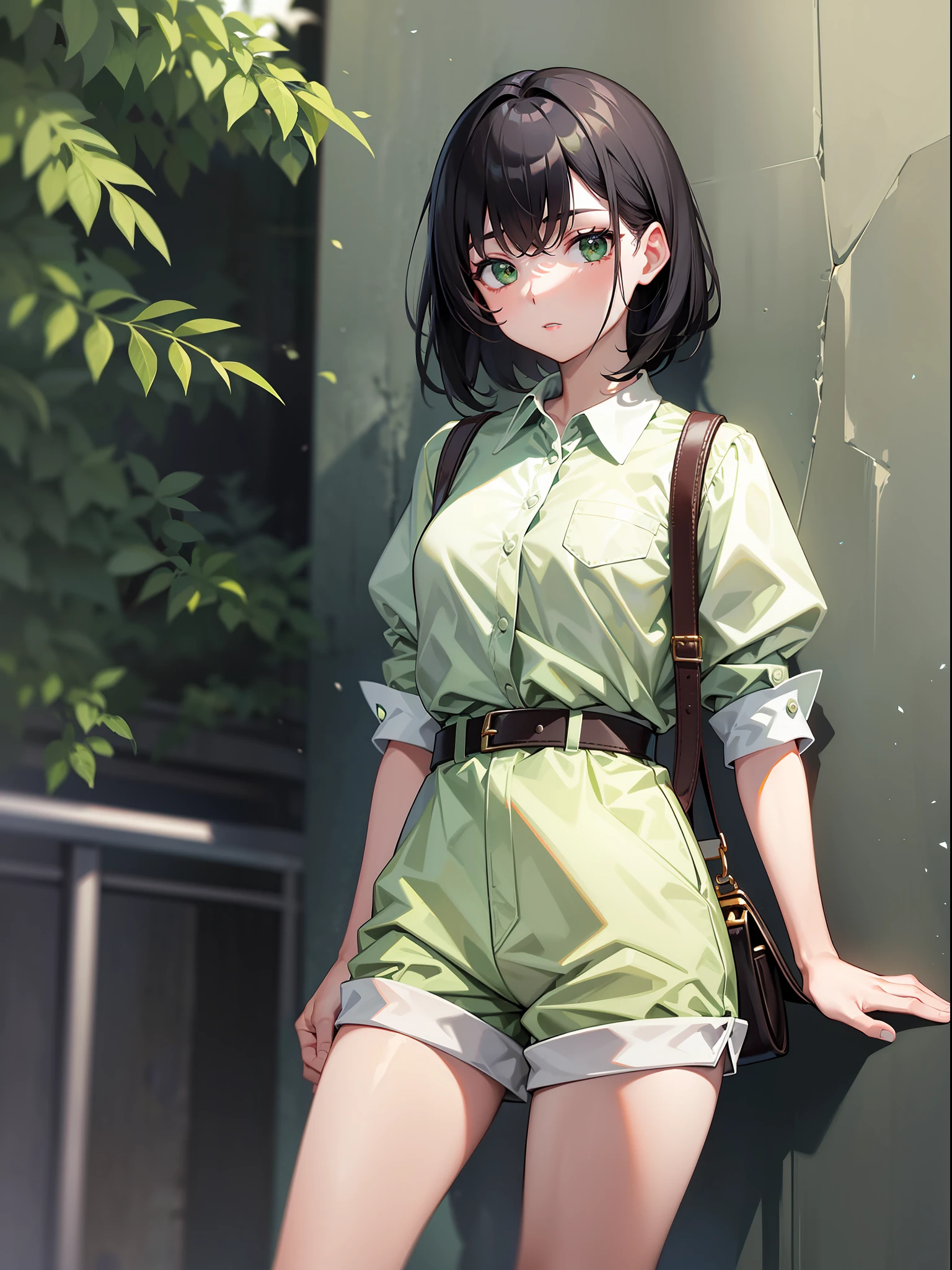 Black hair short, short green clothes with white collar sleeves, green shorts, white waist belt, white shoes, girl, outdoor