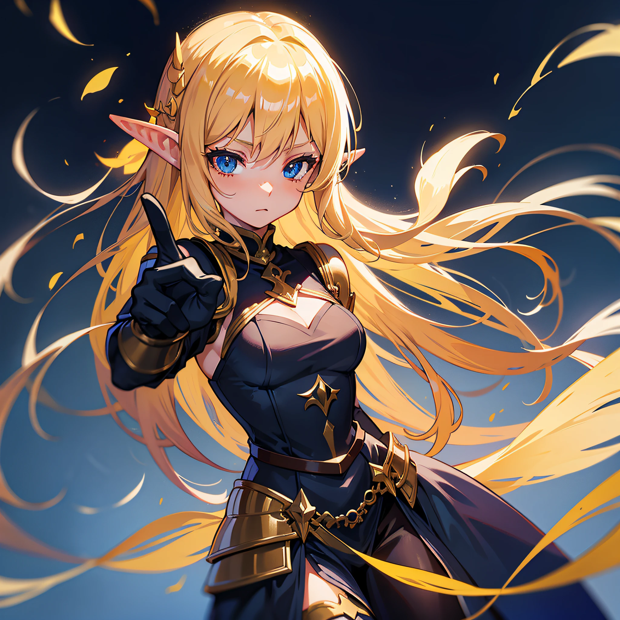 1girl, anime character, blue eyes, blonde hair, anime, black and gold dress with sword and armor, elf princess knight, seductive elf princess knight, elf girl, dressed in light black armor, elf princess, girl armor, elf queen, elf knight, wearing armor!!, she has elf ears and golden eyes, portrait of an elf queen, embarrassed, pointing her finger at the screen,