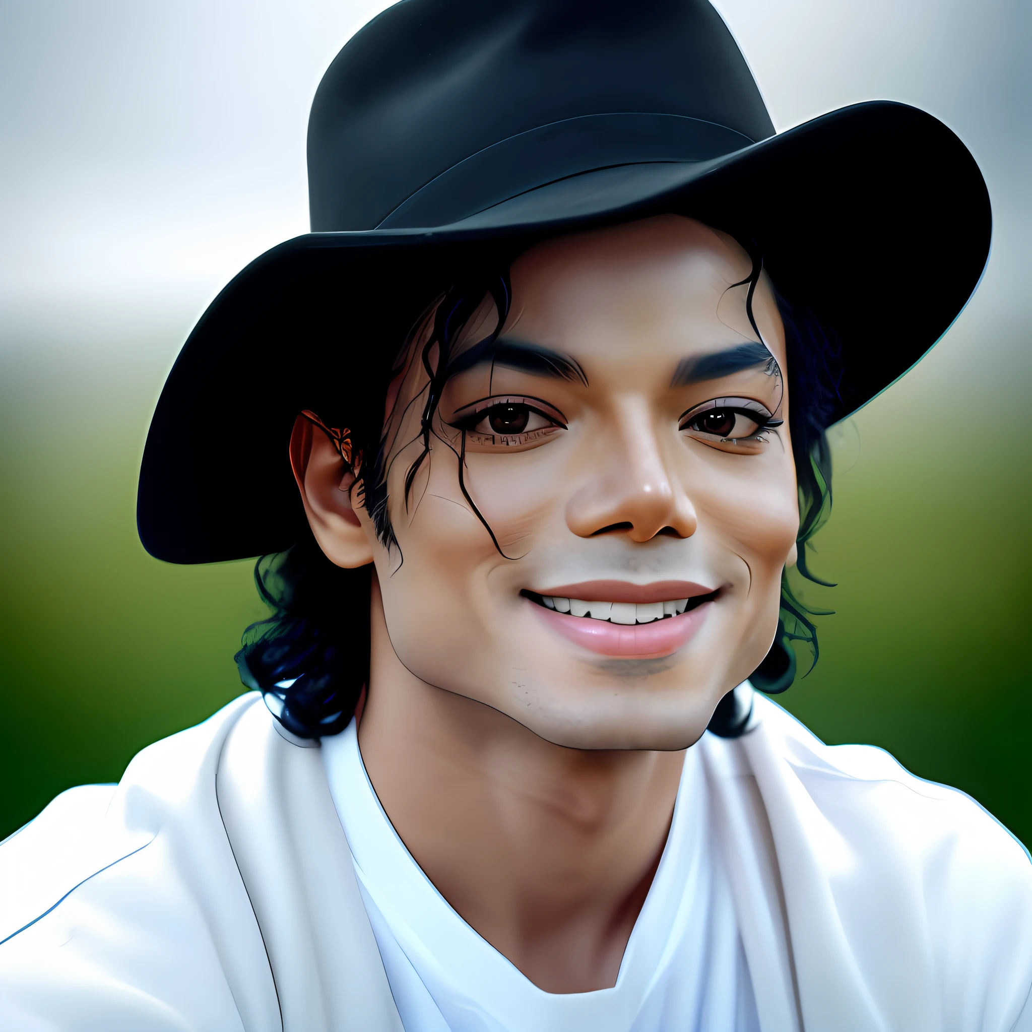 Michael Jackson, smiling, teeth, wearing hat, background gradient, original simulation style, charming gaze, charming expression. The background should be a simple gradient, pay close attention to details such as highlights and shadows on his face and hair to create a realistic and realistic image. Try different lighting techniques to enhance the mood and atmosphere of your portrait. Highly Detailed Skin, Skin Detail, Sharp Focus, Volumetric Fog, 8K UHD, SLR, High Quality, Film Grain, Fujifilm XT3, (Best Quality: 1.4), (Masterpiece: 1.4), (Detail: 1.3), (Best Quality: 1.4), (Masterpiece: 1.4), (Detail: 1.3), (Color Gradient Background: 1.5, Close Up: 1.5), (Realism: 1.4), (Best Quality: 1.0), (Super High Resolution: 1.0)