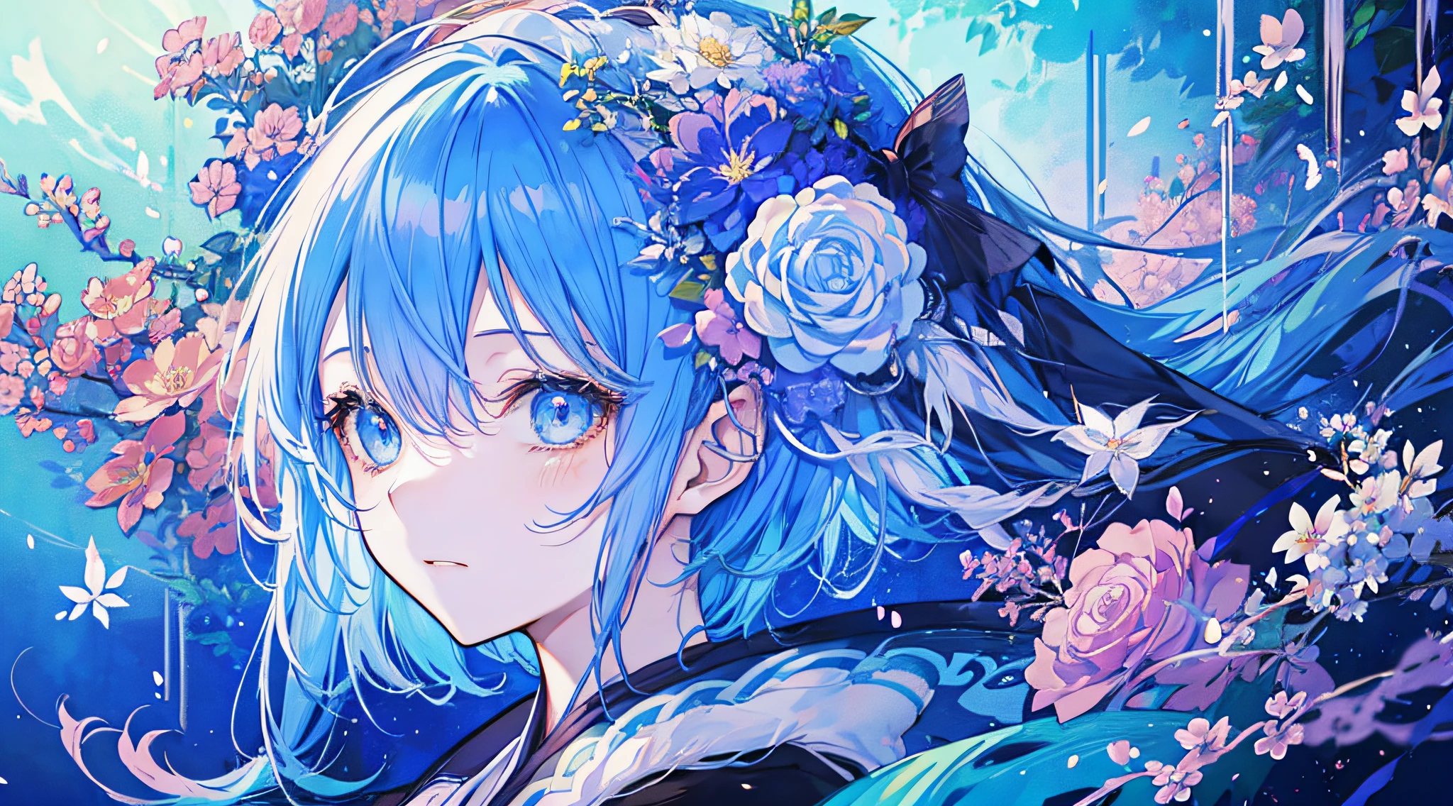 Anime girl with blue hair and hair flowers, beautiful fantasy anime, beautiful anime art with frozen flowers around, beautiful artwork illustration,