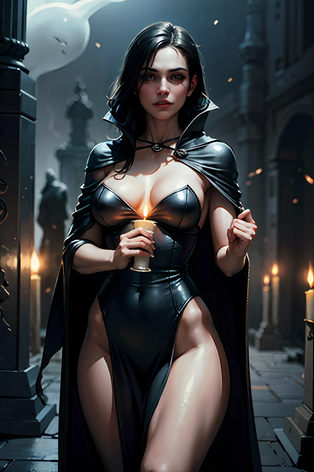 masterpiece, best quality, horror, portrait of a beautiful woman in In a leather cape on a naked body, holding single candle in hand, nervously looking around, (barely visible ghost spirits flying around:1.2), at night graveyard, matching eyes, art by greg rutkowski
