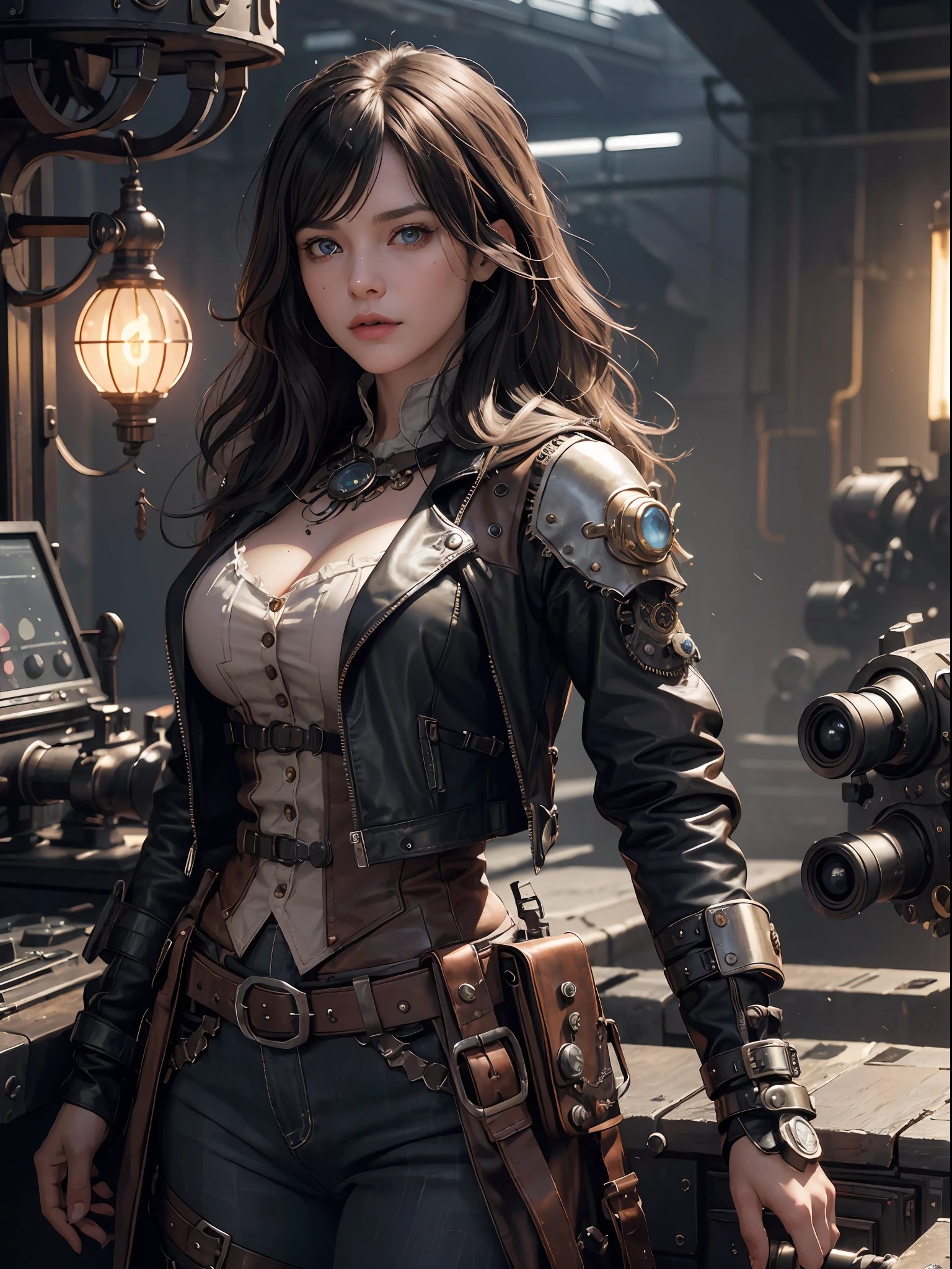 (absurdres, highres, ultra detailed), 1woman, mature female, aged up, wavy long hair, split-color hair, heterochromia, bangs, long sleeves, finely detailed eyes and detailed face, extremely detailed CG unity 8k wallpaper, intricate details, (style-rustmagic:0.8), (medieval cyborg:0.8), portrait, (bloody wounds:0.7), looking at viewer, solo, half shot, detailed background, (steampunk theme:1.1) determined expression, dark couds technomancer, floating lights, color leather vest with gears, techwear, jetpack, workshop in background, machines, gears, steam, industry, technology, furnace, grime, anvil, buttons, levers, automaton, electricity, electric sparks epic atmosphere,, portrait