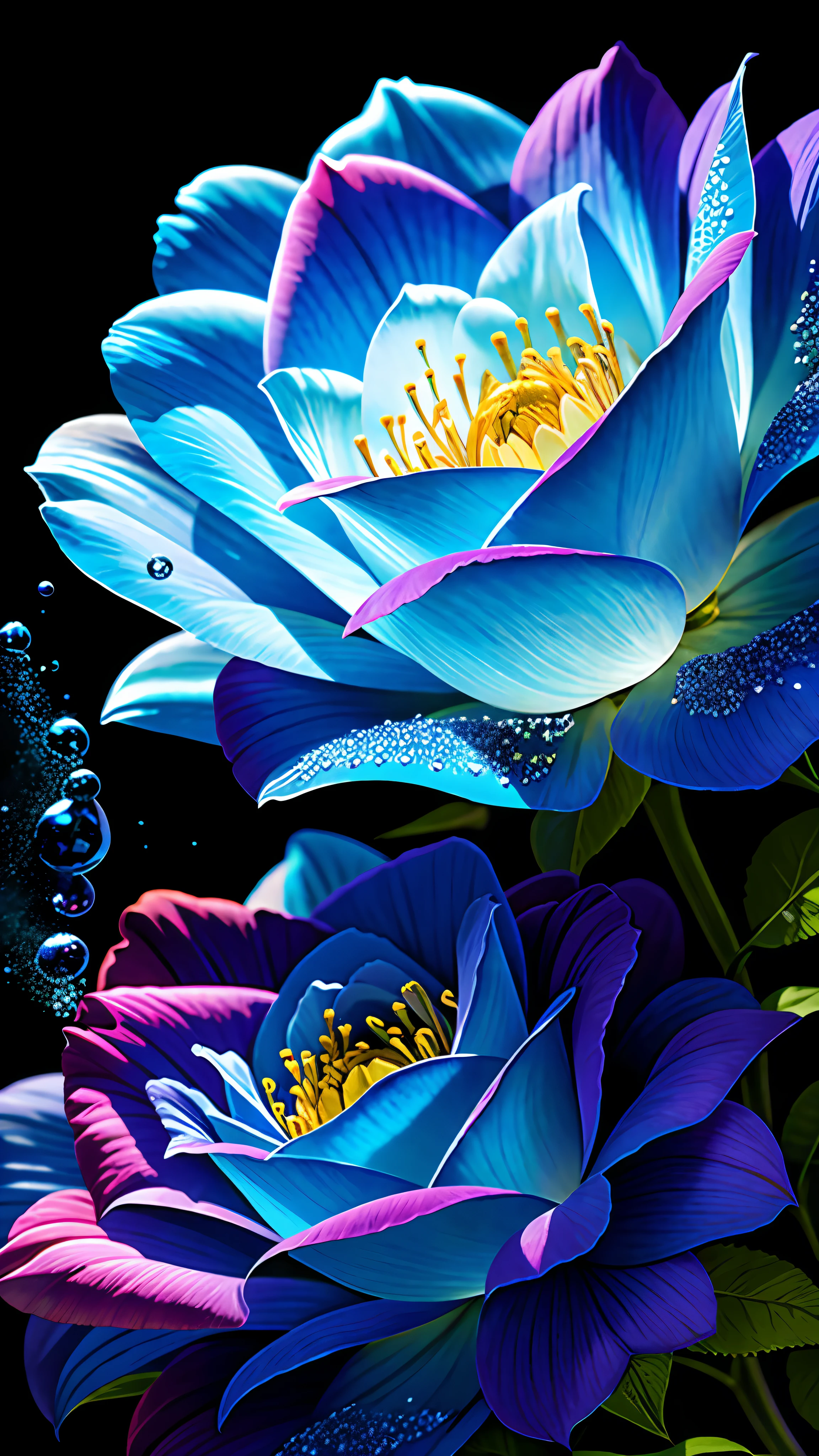Rose in the flowers, blue, ultra-transparent, holy light, beautiful spectral light, petals glow, water droplets on petals, shimmering, sunlight background, dripping transparent, reflected light, bright, light inflow, optics, profile portrait, sharp focus, magic, intricate, surreal, fantasy, composition, light, art station trend, pearl, silver vapor patron cloud, corrosive surround ray family, 8K, Magic Air 23v4 on the light