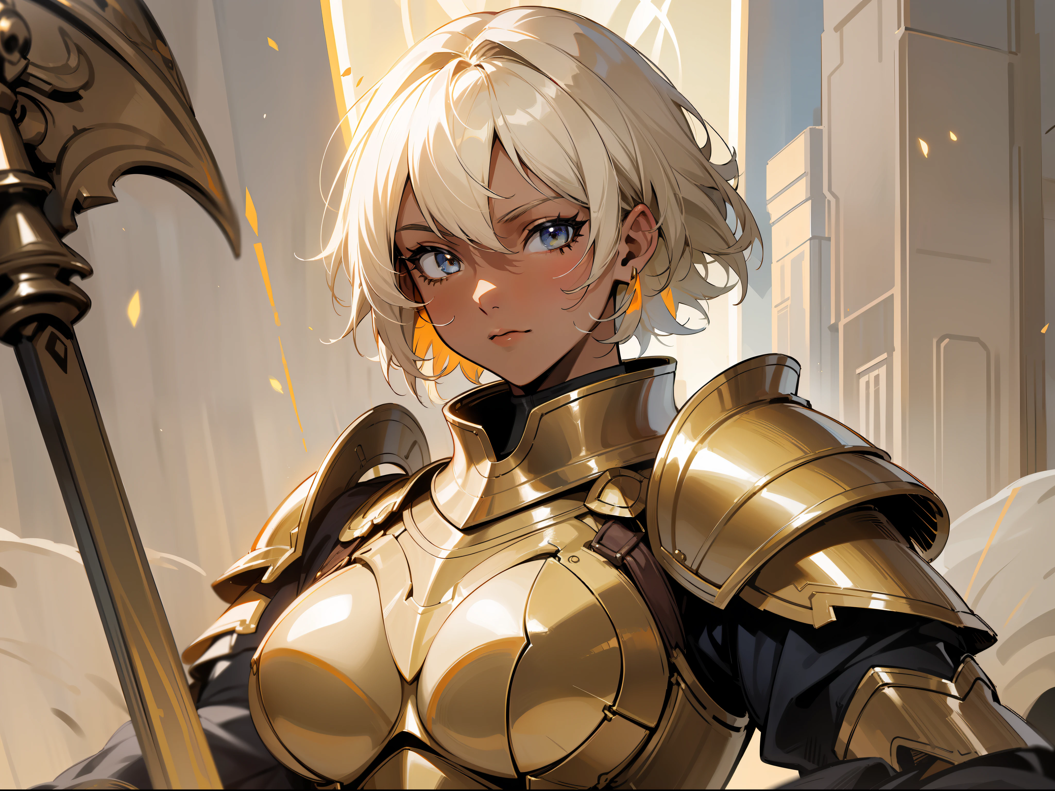 masterpiece, best quality, mature woman, light beige short hair, dark skin, light eyes, horizontal scar on nose, paladin, orange golden heavy armor, breastplate, large shoulder pads, fantasy, medieval, in a battle arena, dynamic pose, beautiful detailed glow.