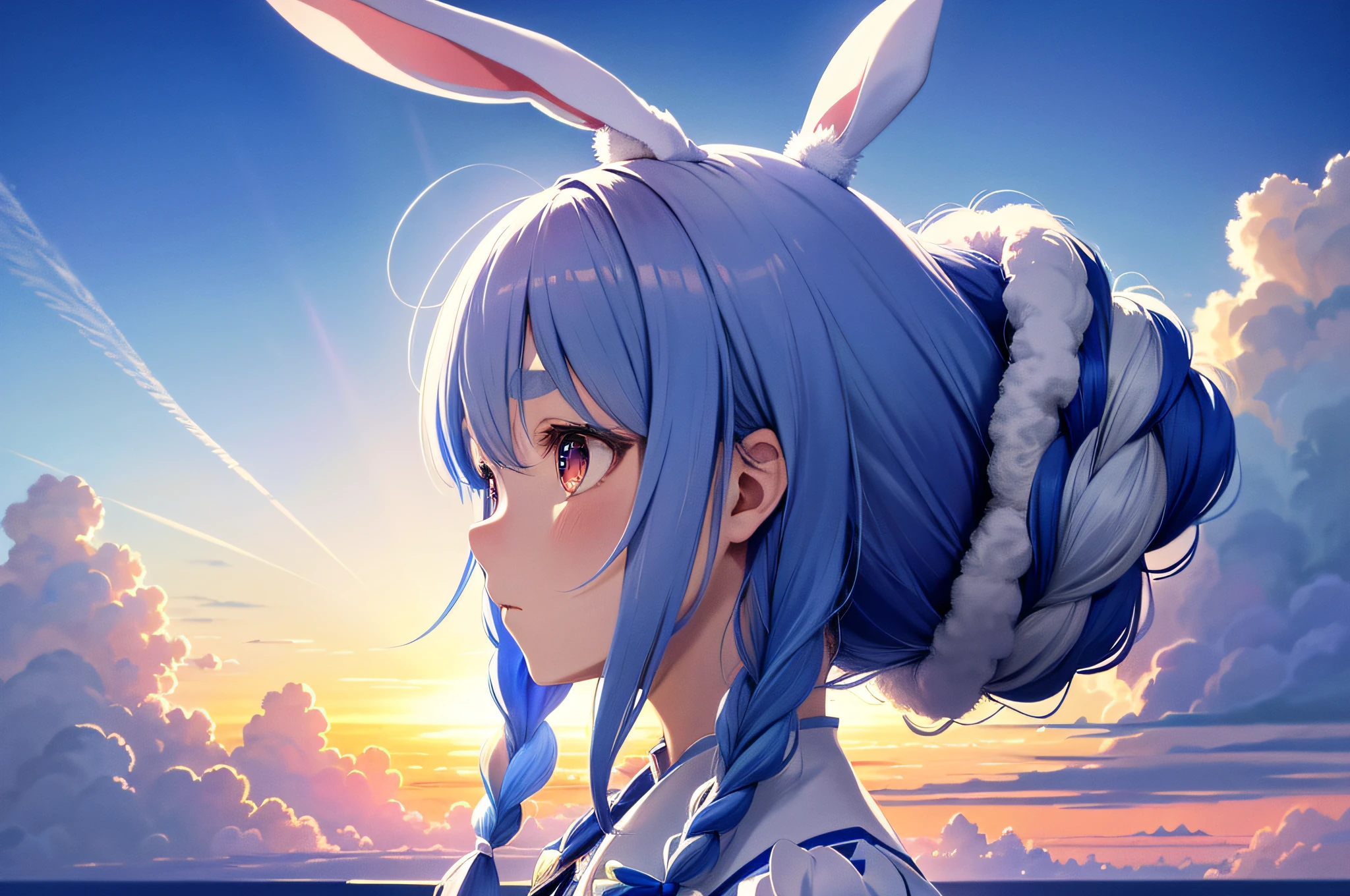 (人物: Usada Pekora), bunny girl, blue hair, twin braids, a girl, solo, absurdres, highres, (official art, beautiful and aesthetic:1.2), close view,
shining sky, vast world, girl, gazing, awe-inspiring expression, distant horizon, clouds, high hill, natural beauty, inspiration, light effects,