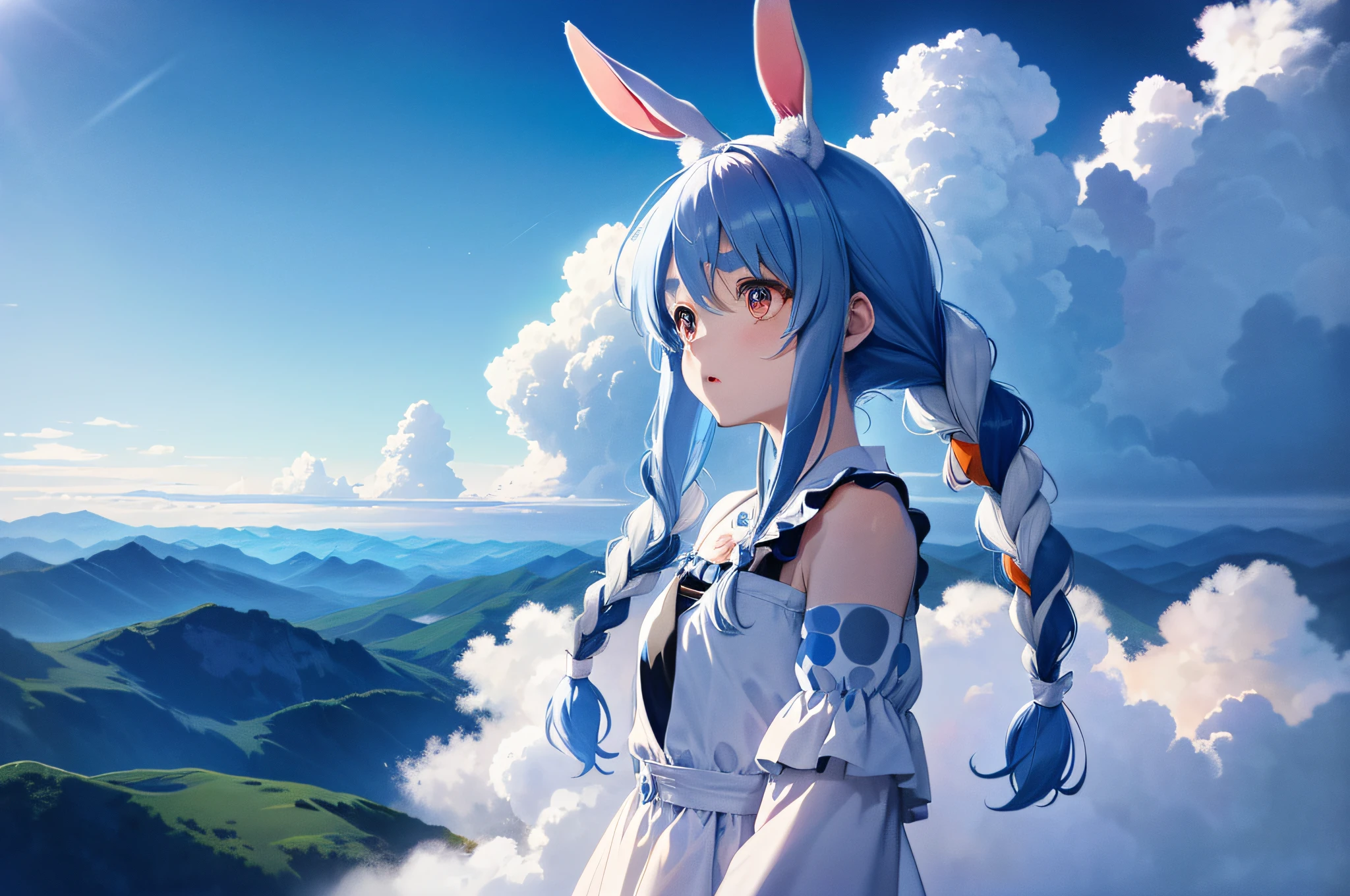 (人物: Usada Pekora), bunny girl, blue hair, twin braids, a girl, solo, absurdres, highres, (official art, beautiful and aesthetic:1.2), close view,
shining sky, vast world, girl, gazing, awe-inspiring expression, distant horizon, clouds, high hill, natural beauty, inspiration, light effects,