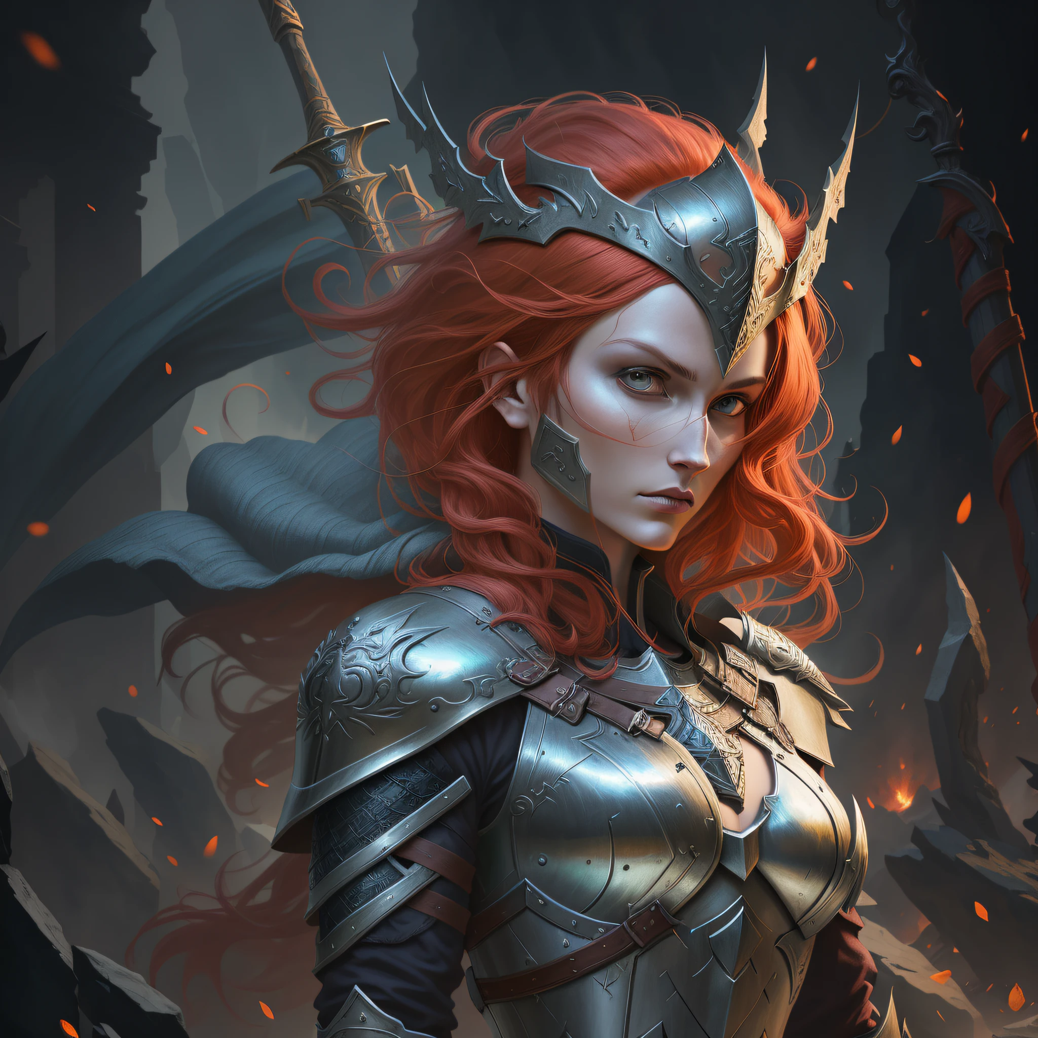 There is a woman in armor with a sword and a helmet, red hair, Epic Fantasy Digital Art Style, Fantasy Art Behance, Epic Fantasy Art Style HD, Detailed Digital 2D Fantasy Art, Detailed Fantasy Art, Epic Fantasy Art Style, Detailed Fantasy Digital Art, 4K Fantasy Art Art, Epic Fantasy Style Art, 8K Fantasy Art, Digital 2D Fantasy Art