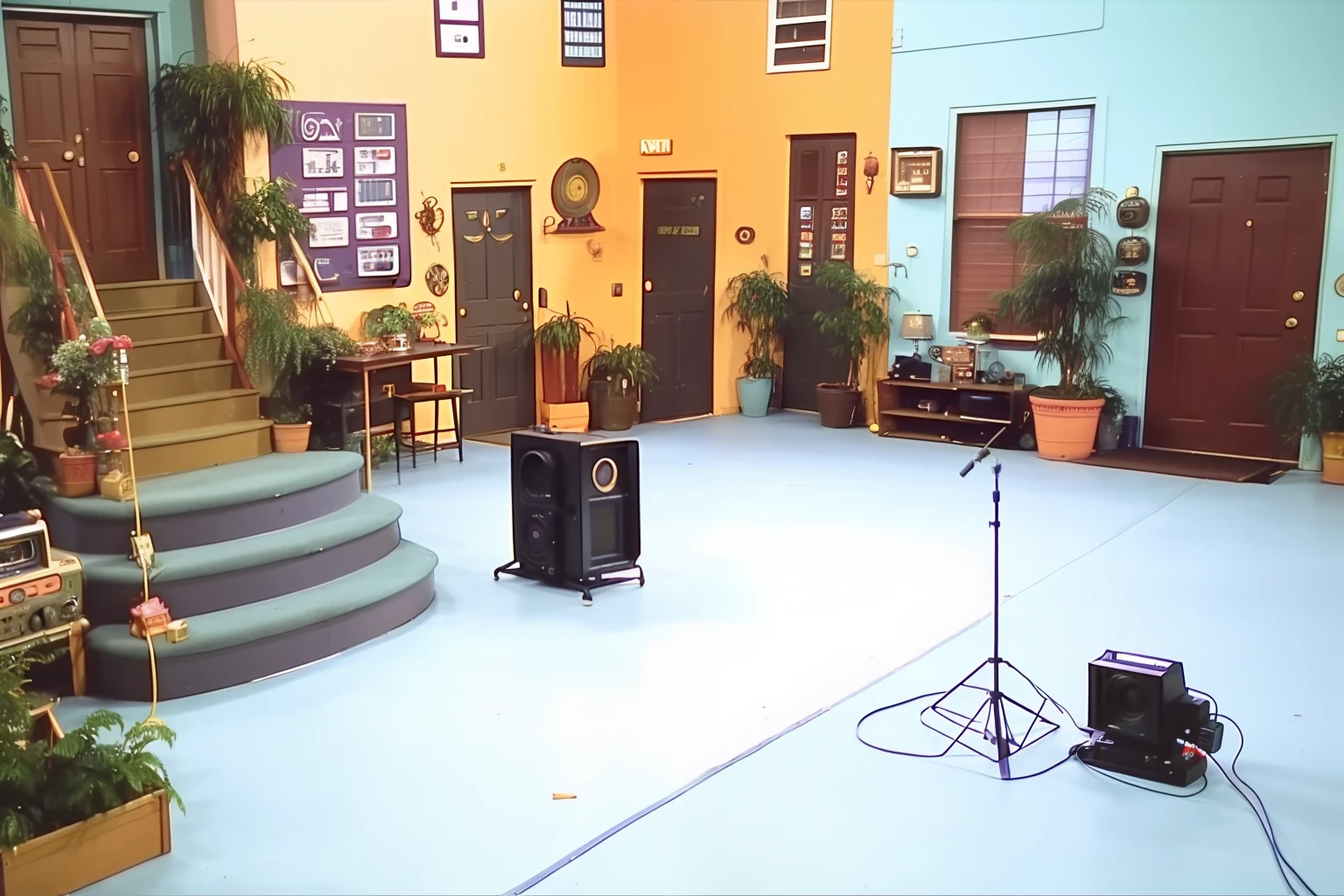 (((vhs screengrab, shot on a broadcast camera, a live-action 80’s sitcom))) like an 80's sitcom studio, with no people, Reference: friends, Seinfeld, Full house.