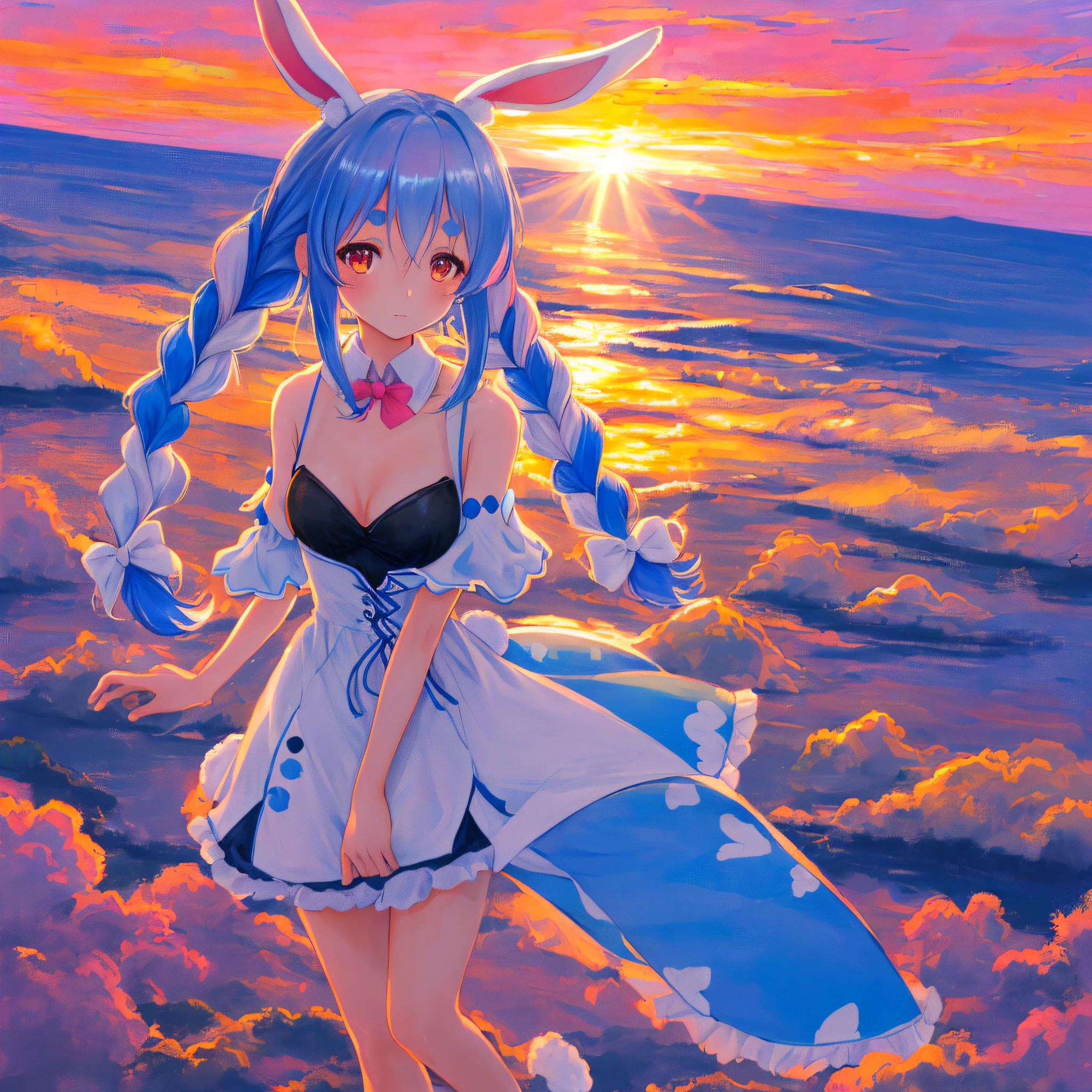 (人物: Usada Pekora), bunny girl, blue hair, twin braids, a girl, solo, blue sky, pink sky, sunrise, person,
dreamlike,
digital painting, best quality, masterpiece, impressionism, vibrant colors, volumetric lighting, soft light, diffused lighting, radiant light rays,