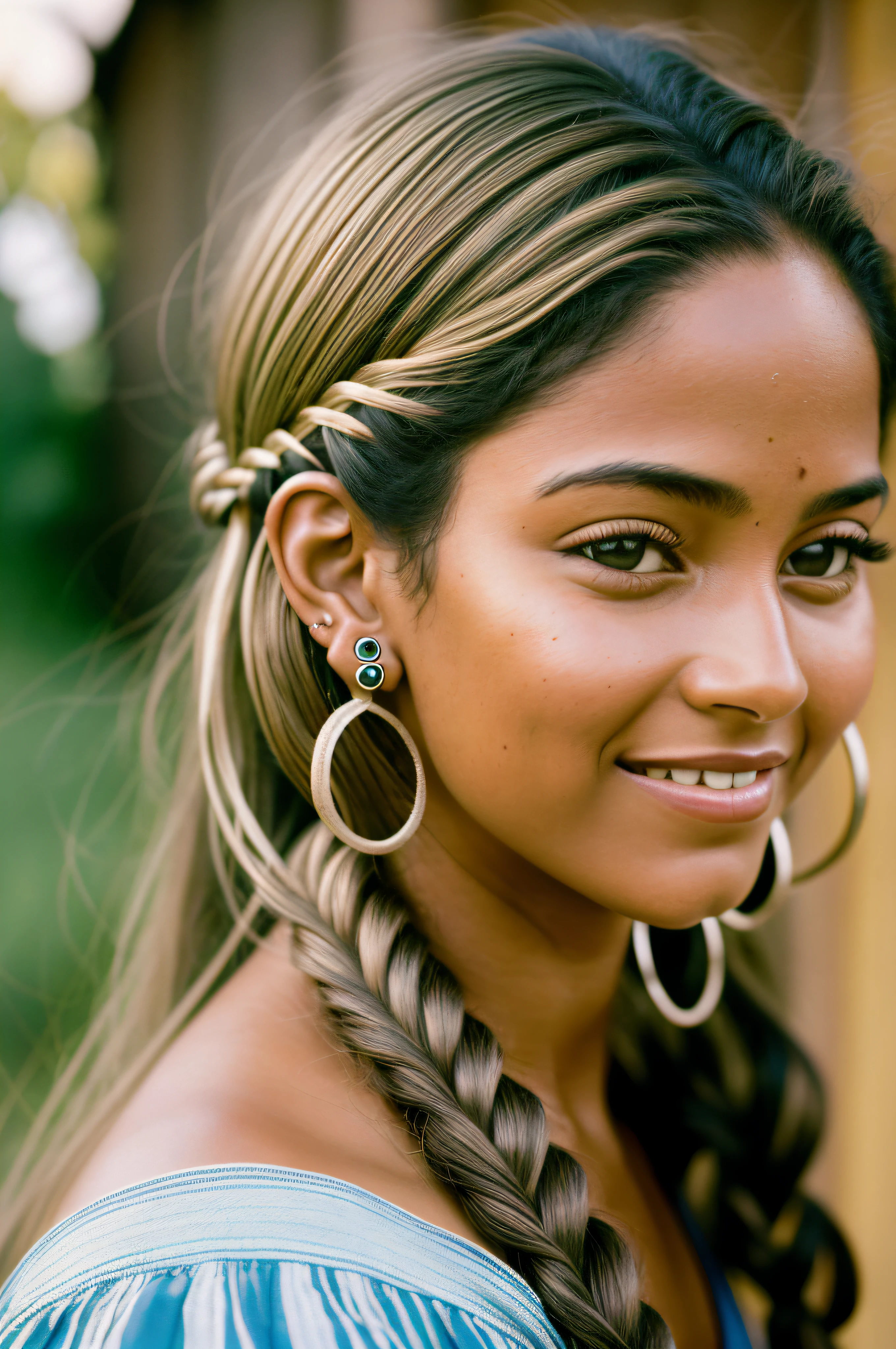 hyper realistic photograph, portrait of a beautiful happy southamerican woman, big silver earings, tied hair, summer :: film grain, Kodak portra 800, f1.8, golden hour --ar 2:3 --beta --upbeta