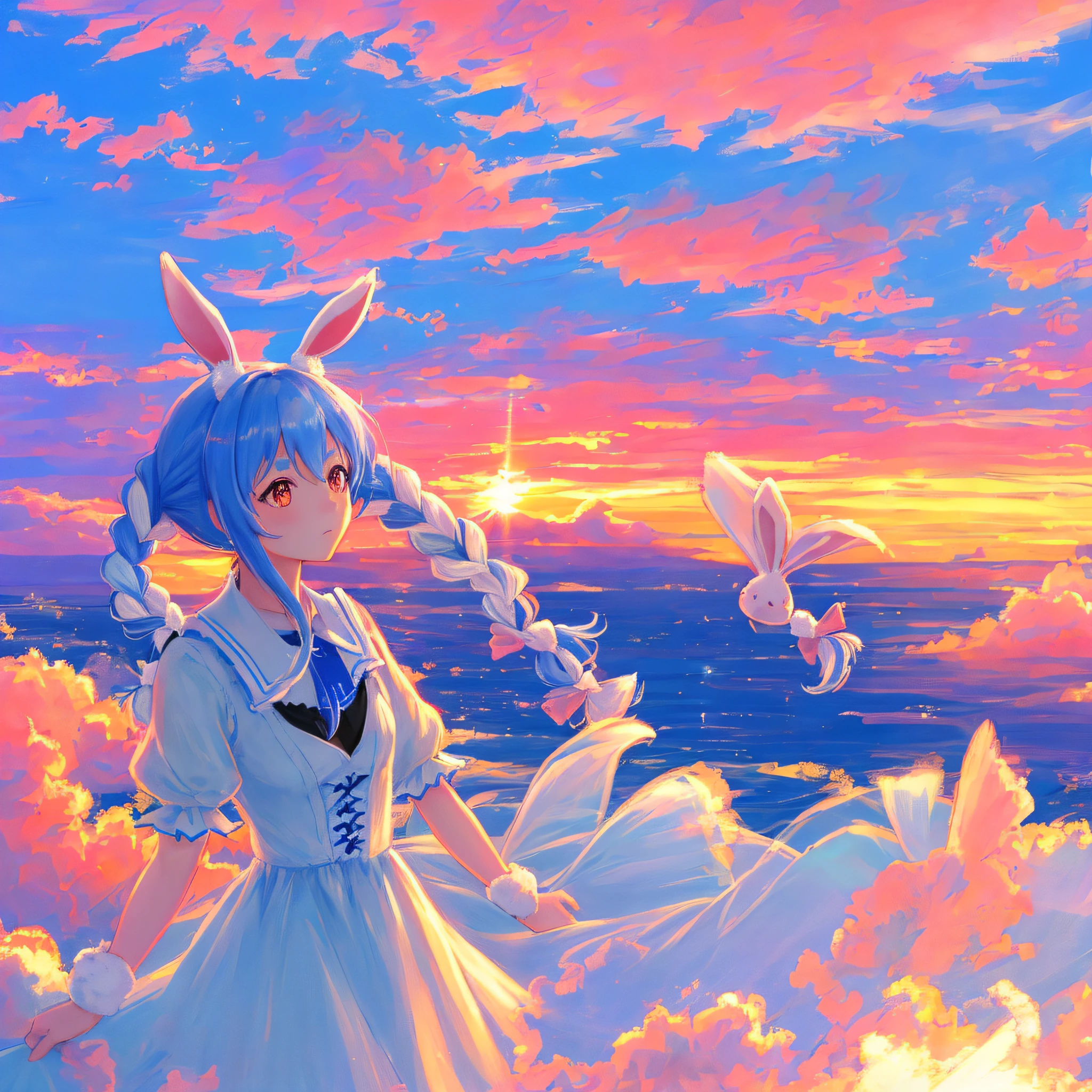 (人物: Usada Pekora), bunny girl, blue hair, twin braids, a girl, solo, blue sky, pink sky,  sunrise, person,
dreamlike, 
digital painting, best quality, masterpiece, impressionism, vibrant colors, volumetric lighting, soft light, diffused lighting,  radiant light rays,